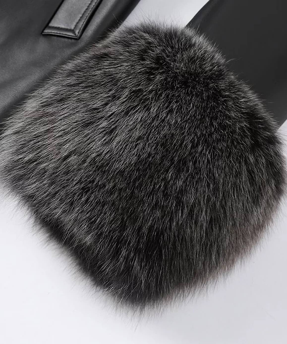 Genuine Sheepskin Leather Fox Fur Trimmed Coat In Black