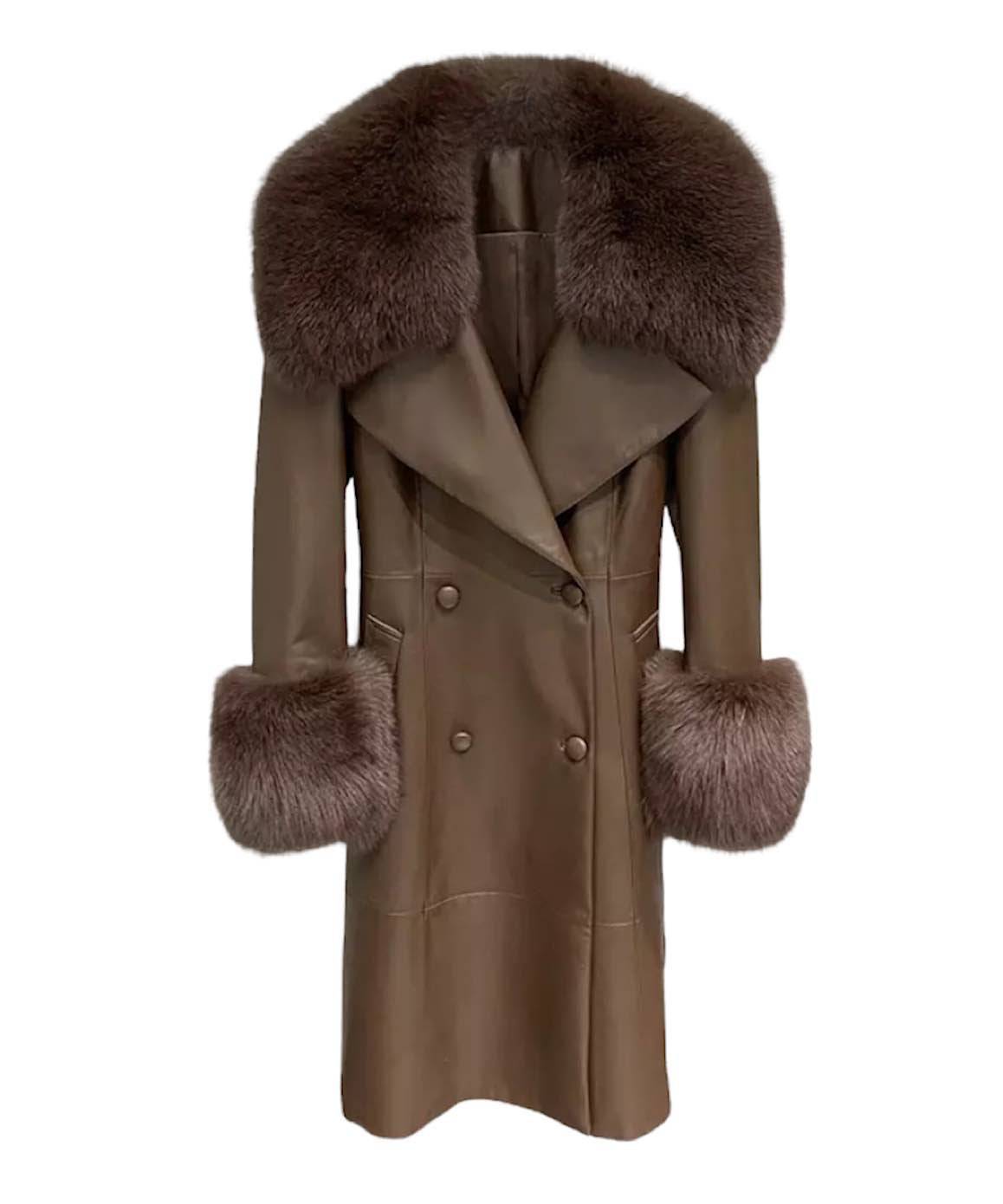 Genuine Sheepskin Leather Fox Fur Trimmed Coat In Coffee