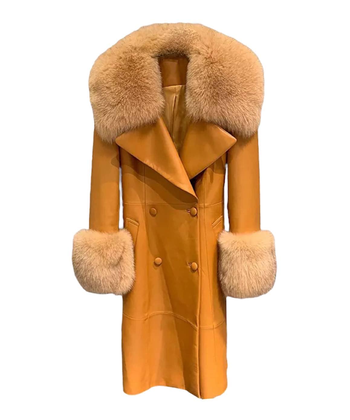 Genuine Sheepskin Leather Fox Fur Trimmed Coat In Coffee