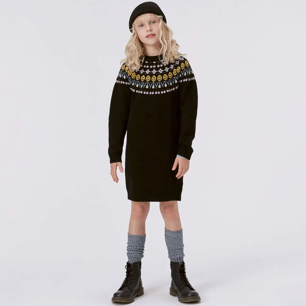 Girls Black Fair Isle Wool Knit Dress