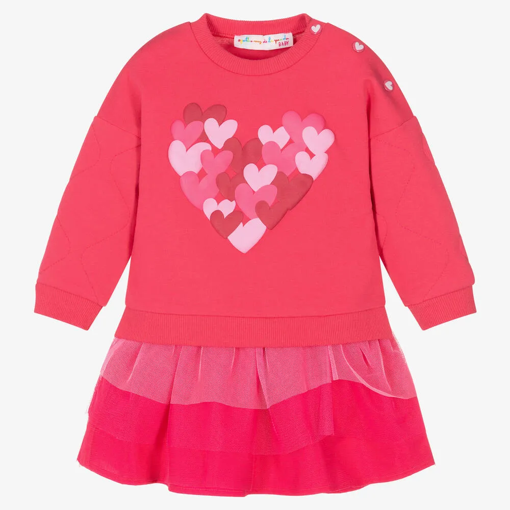 Girls Pink Cotton & Tulle Hearts Skirt Set