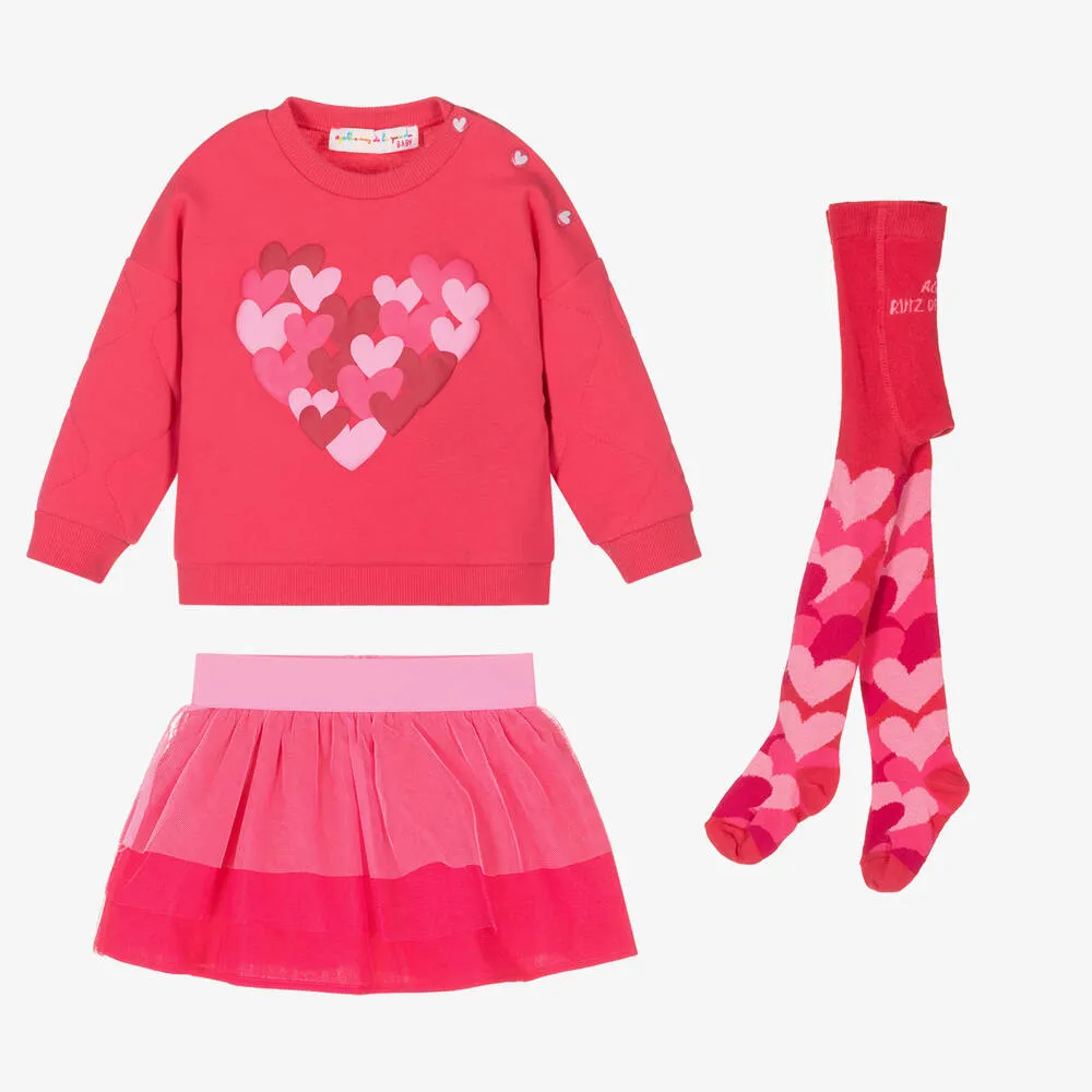 Girls Pink Cotton & Tulle Hearts Skirt Set