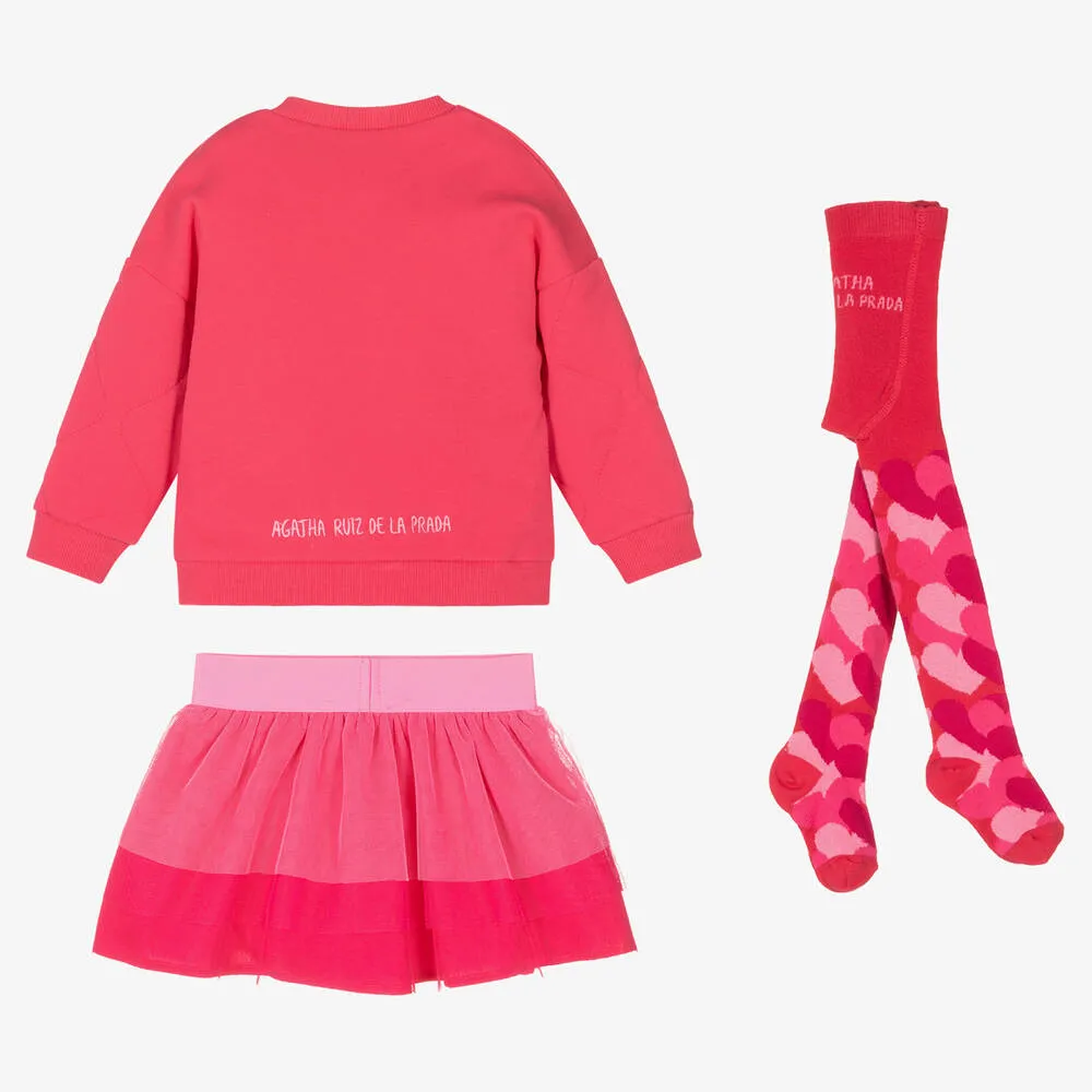 Girls Pink Cotton & Tulle Hearts Skirt Set