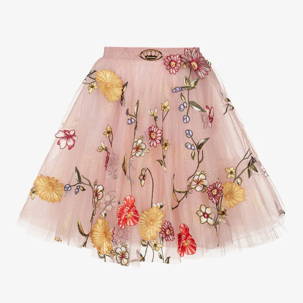 Girls Pink Floral Tulle Skirt