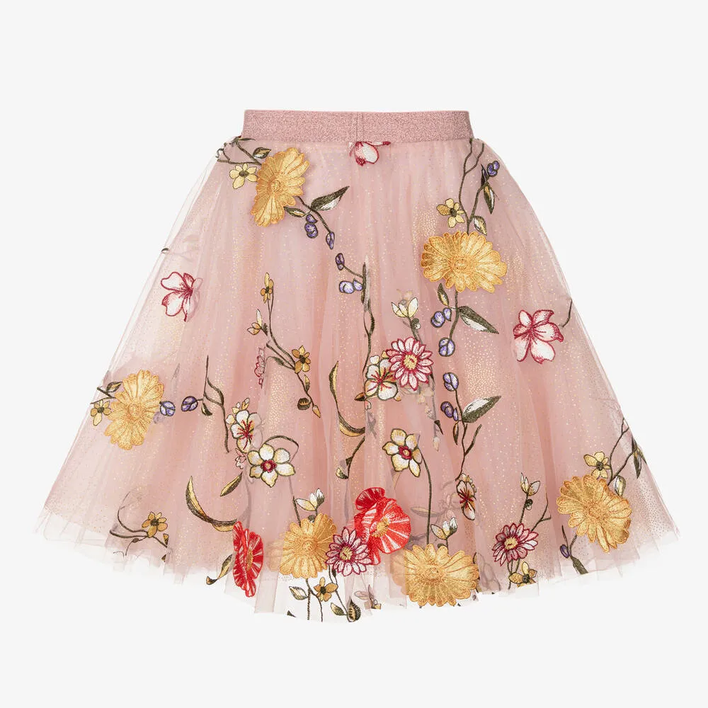 Girls Pink Floral Tulle Skirt