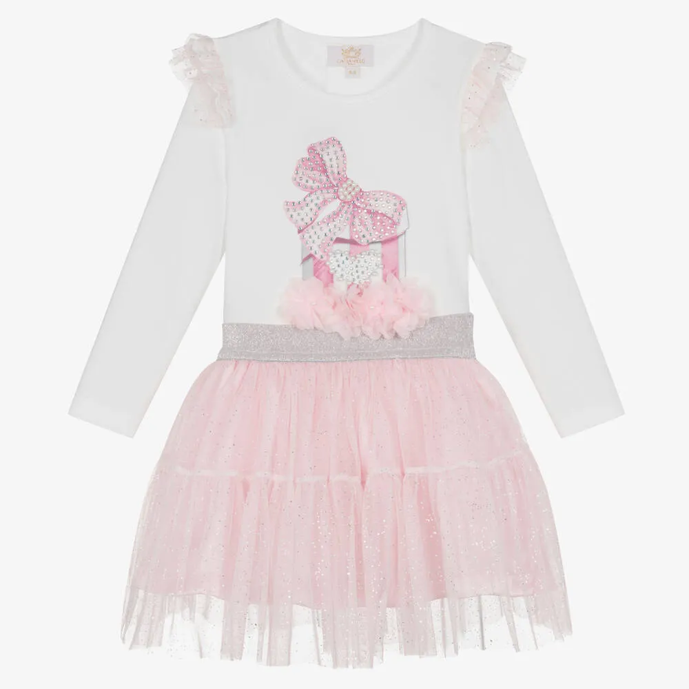 Girls White & Pink Tulle Skirt Set