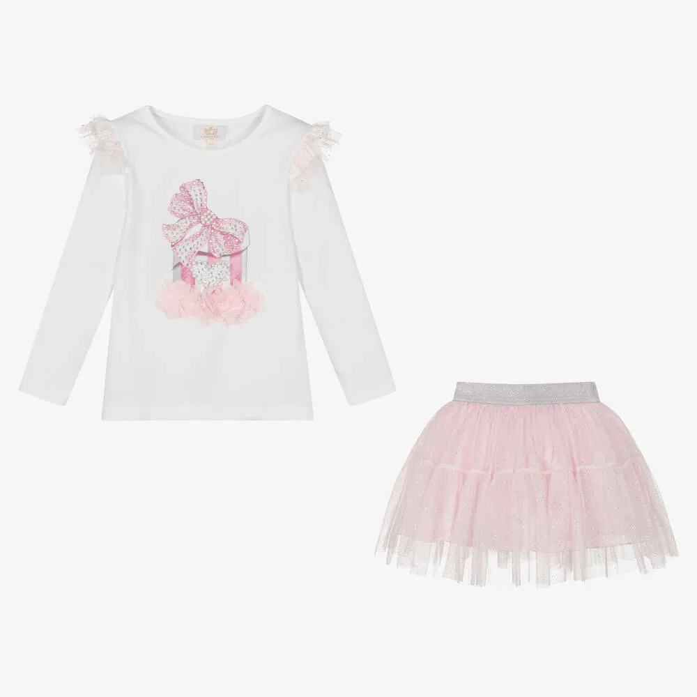 Girls White & Pink Tulle Skirt Set