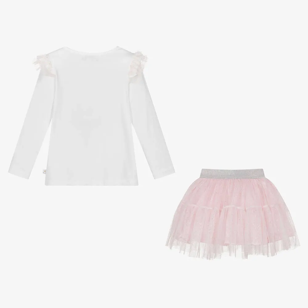 Girls White & Pink Tulle Skirt Set