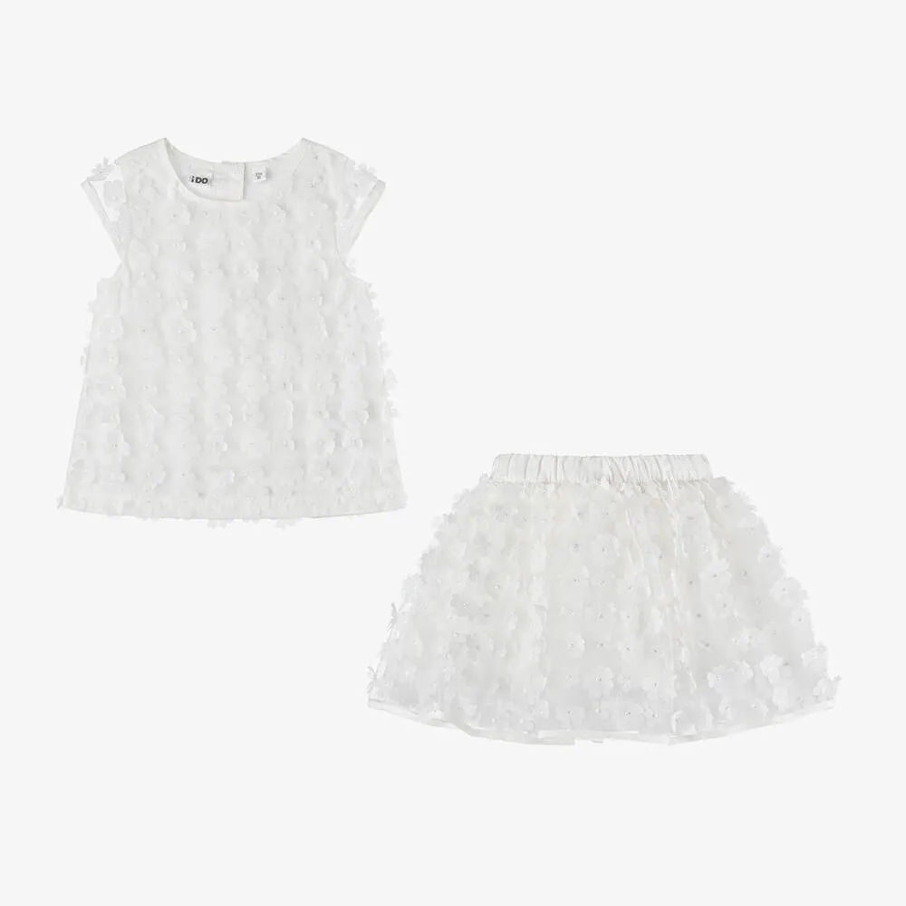 Girls White Floral Tulle Skirt Set