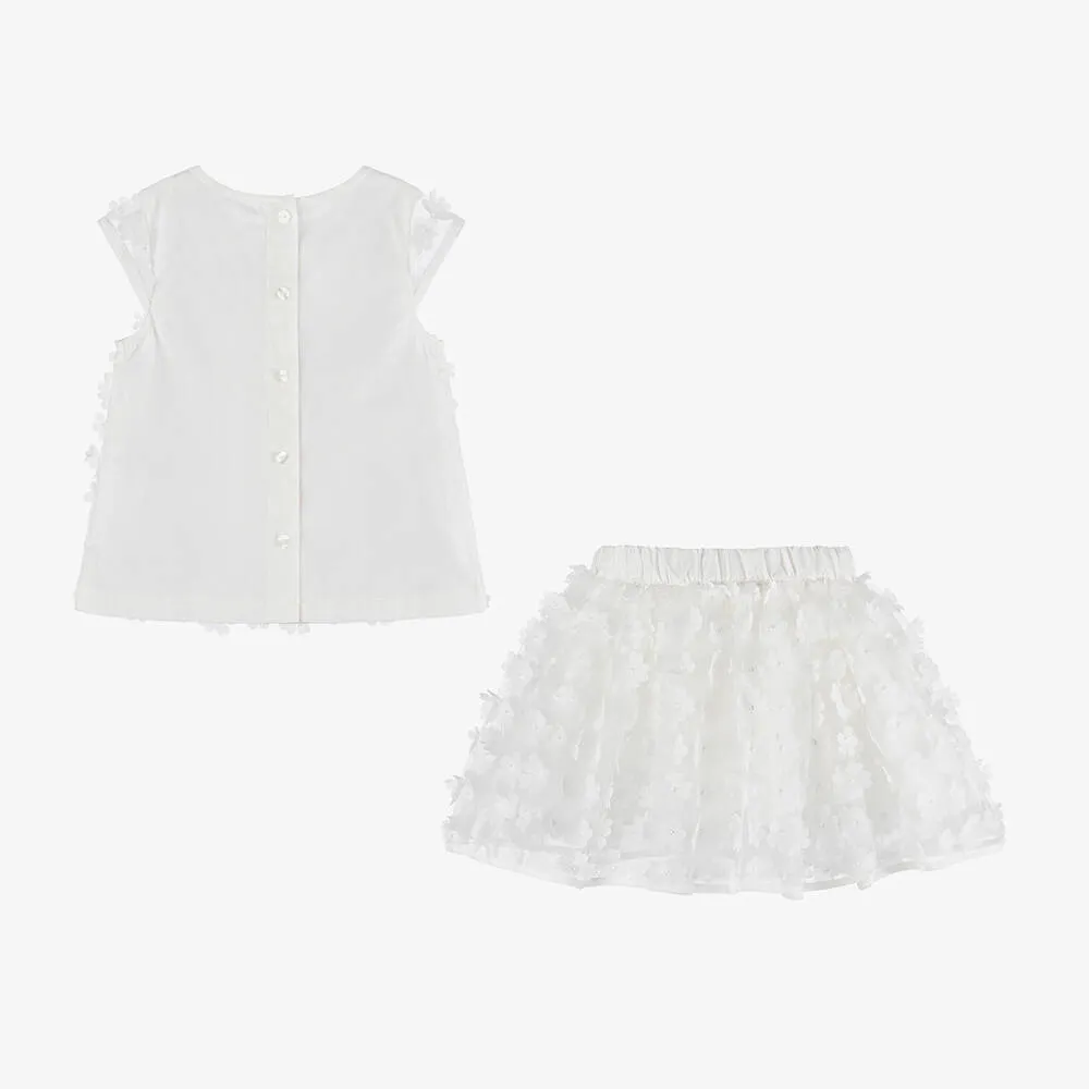 Girls White Floral Tulle Skirt Set