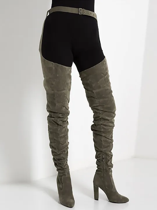 Green Suede Belt Thigh High Boots