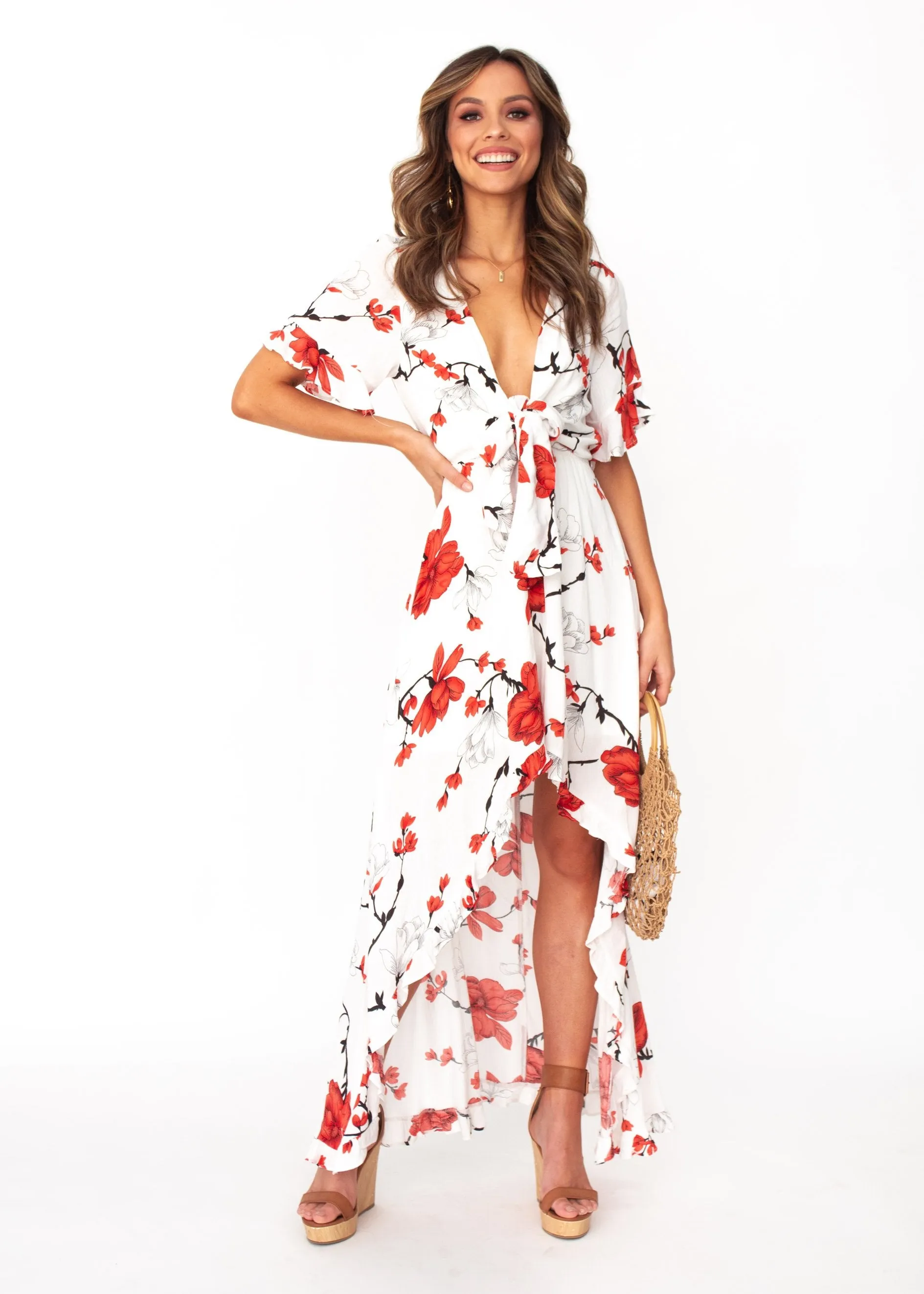 Harmony Tie Hi-Low Midi Dress - White/Red Floral