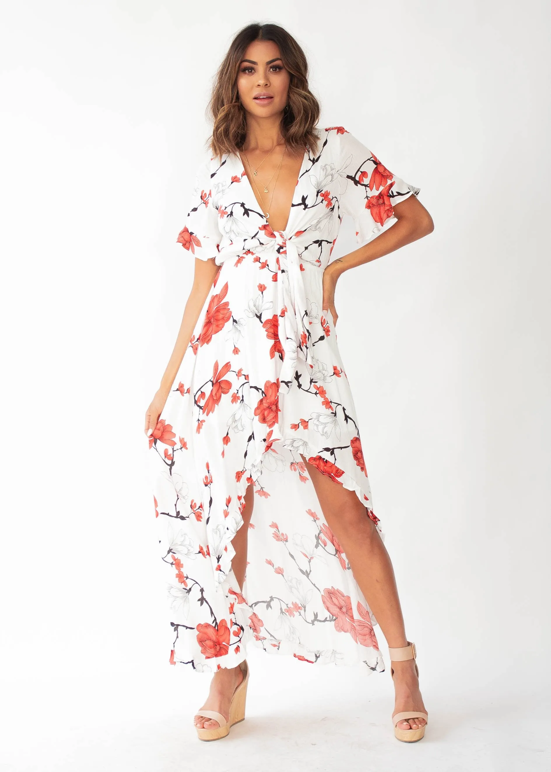 Harmony Tie Hi-Low Midi Dress - White/Red Floral