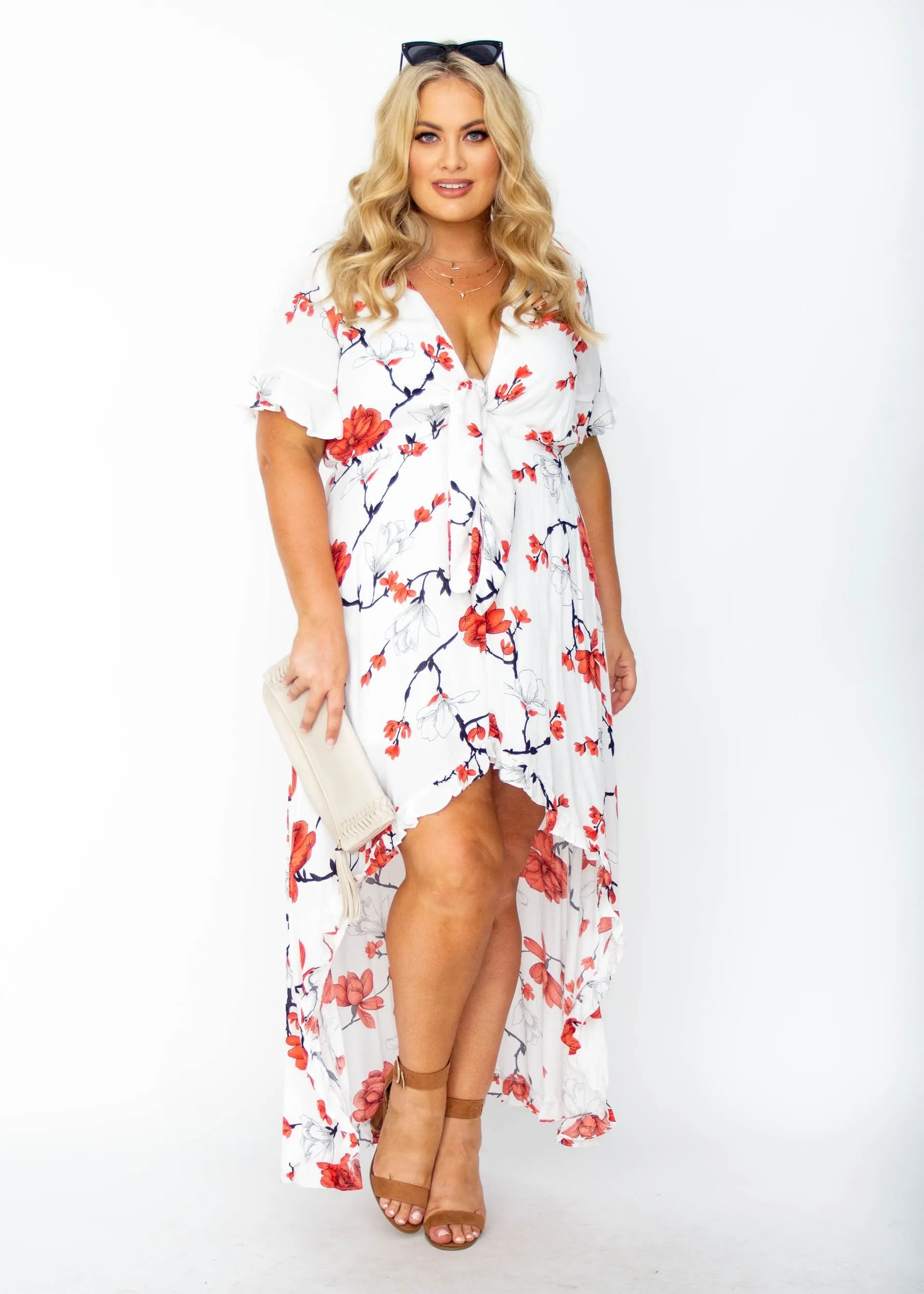 Harmony Tie Hi-Low Midi Dress - White/Red Floral