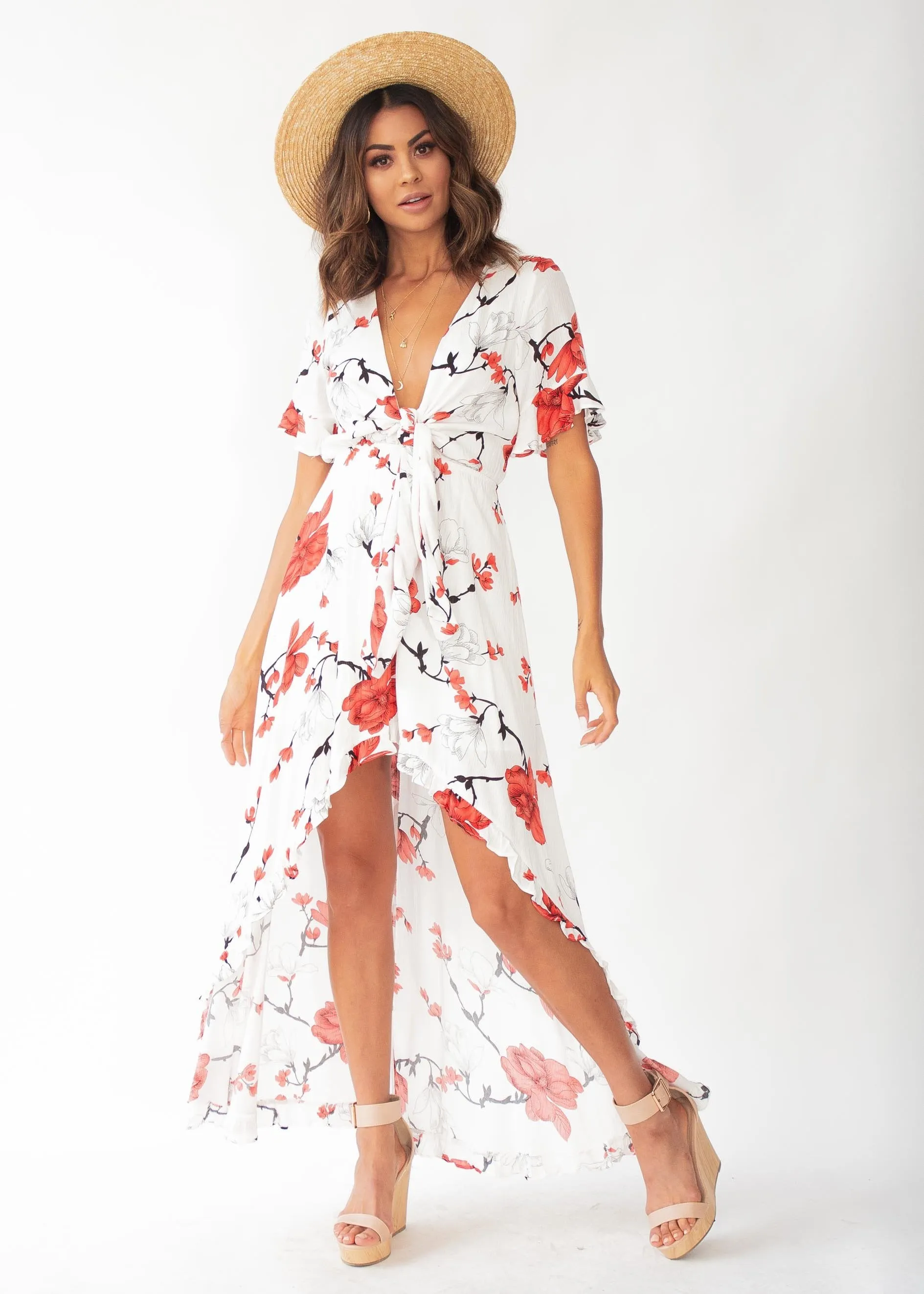 Harmony Tie Hi-Low Midi Dress - White/Red Floral