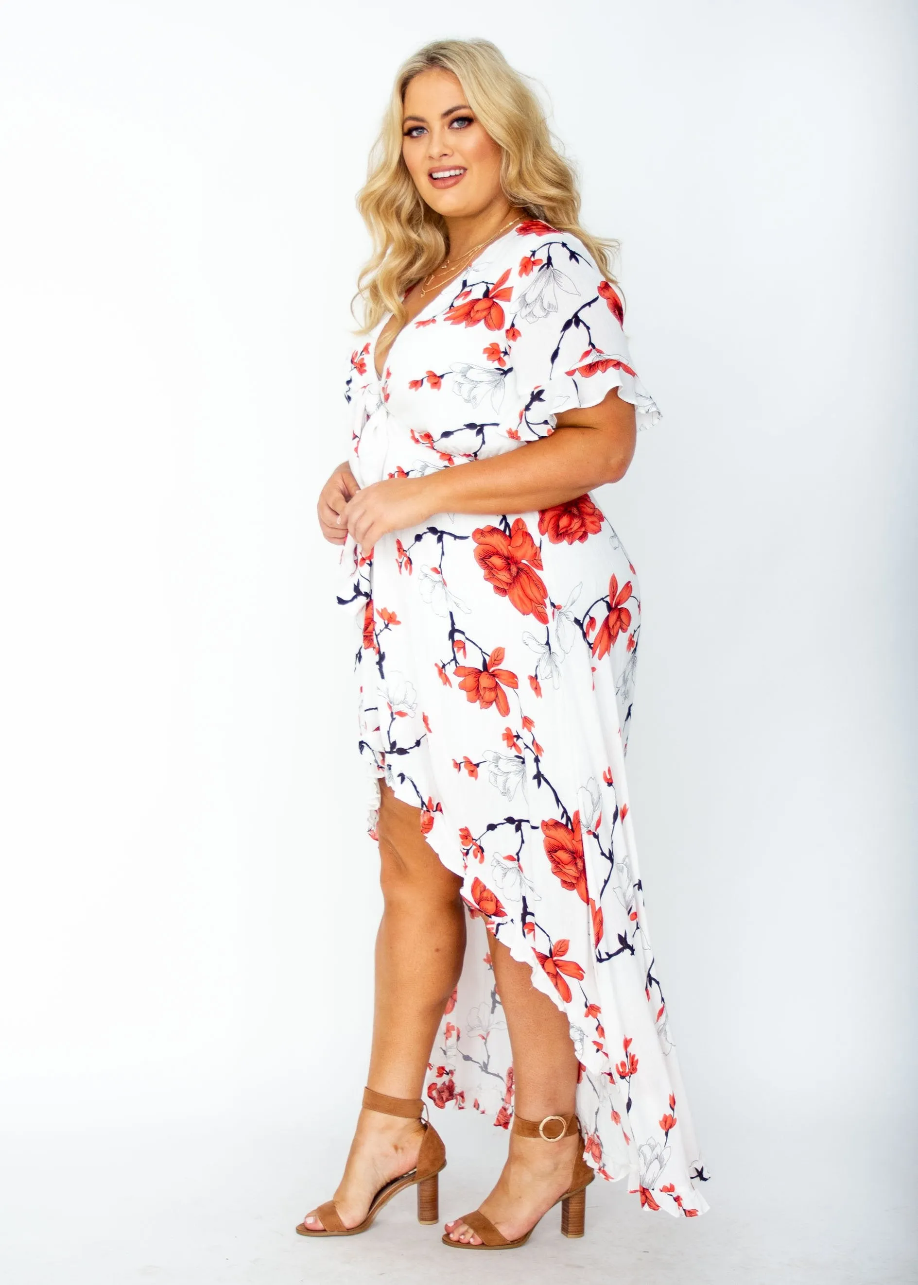 Harmony Tie Hi-Low Midi Dress - White/Red Floral