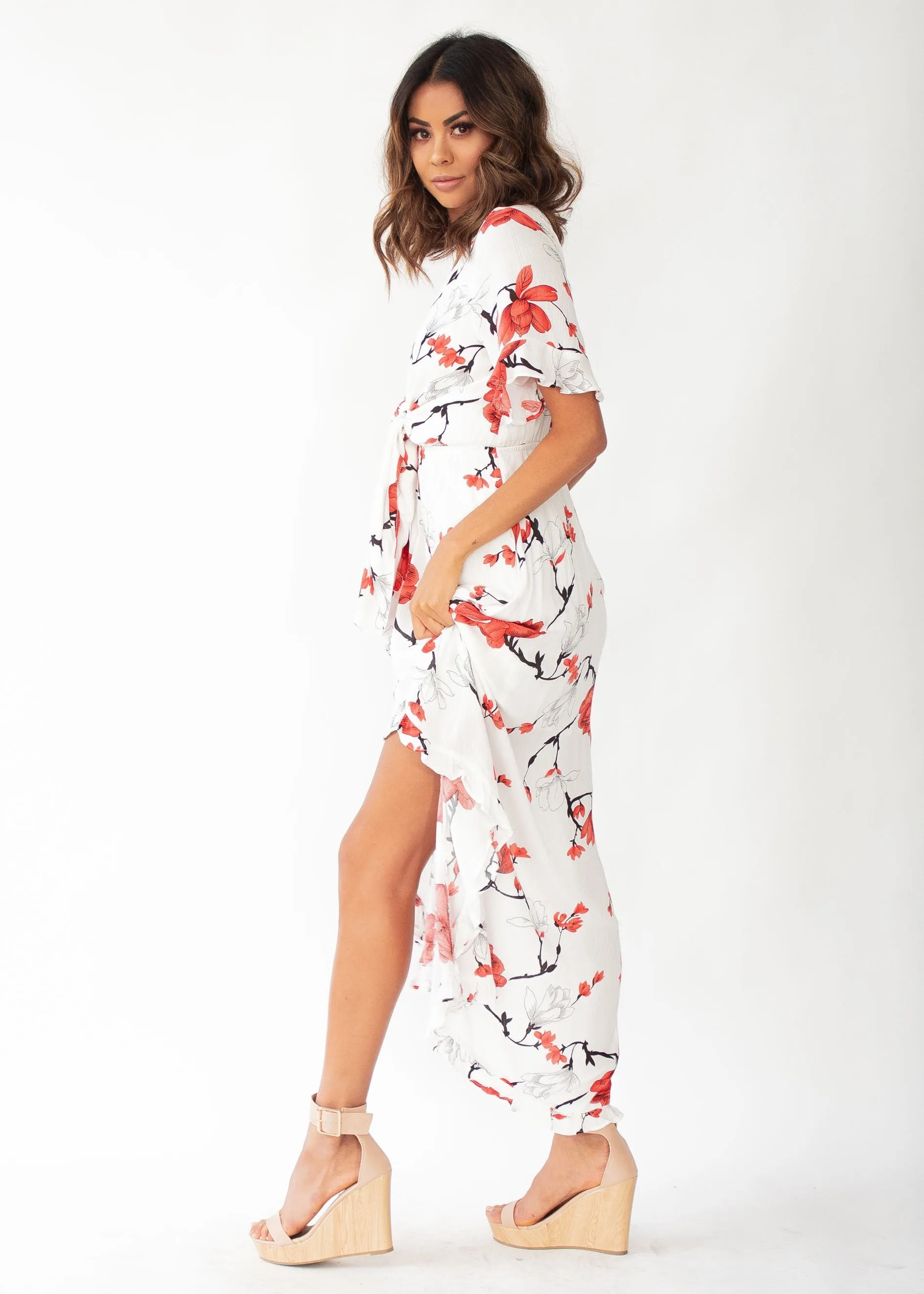 Harmony Tie Hi-Low Midi Dress - White/Red Floral