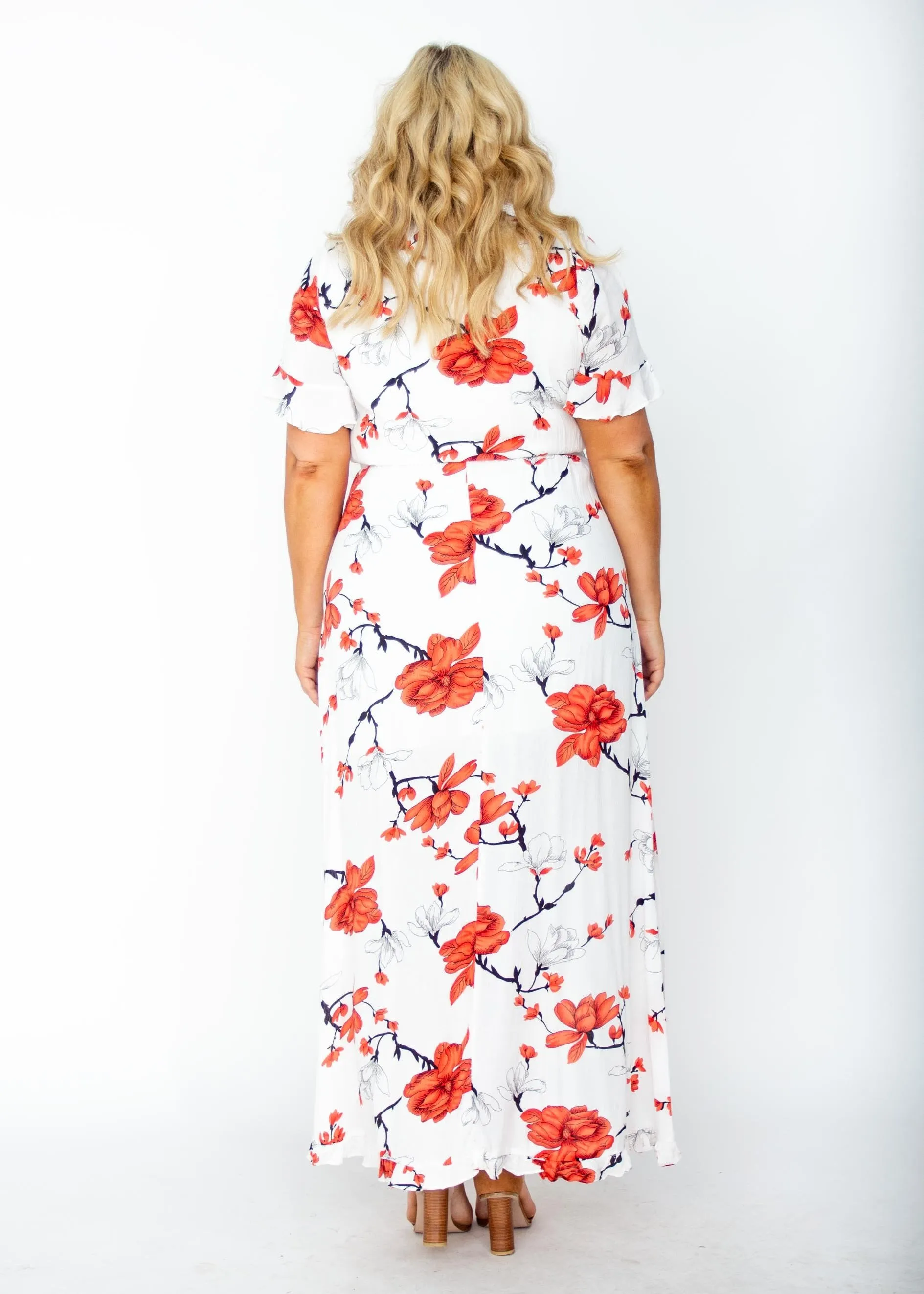 Harmony Tie Hi-Low Midi Dress - White/Red Floral