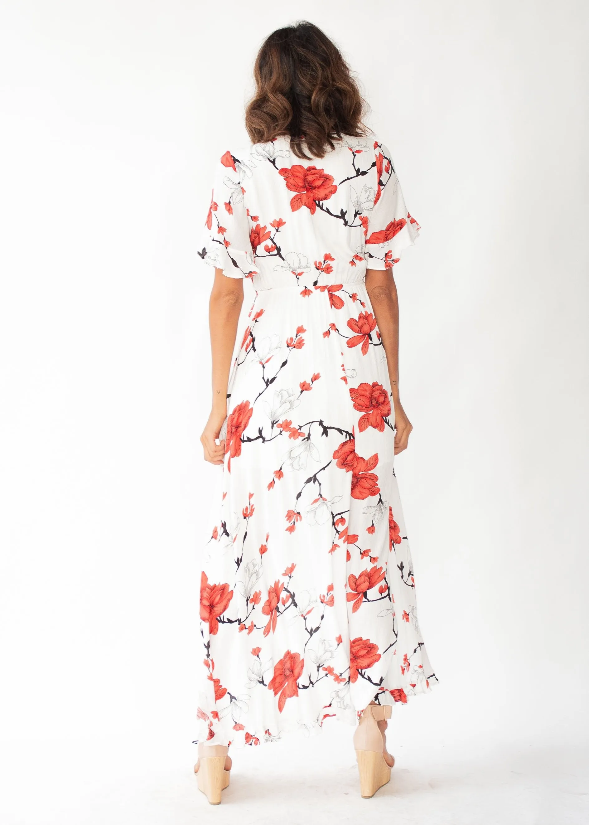 Harmony Tie Hi-Low Midi Dress - White/Red Floral