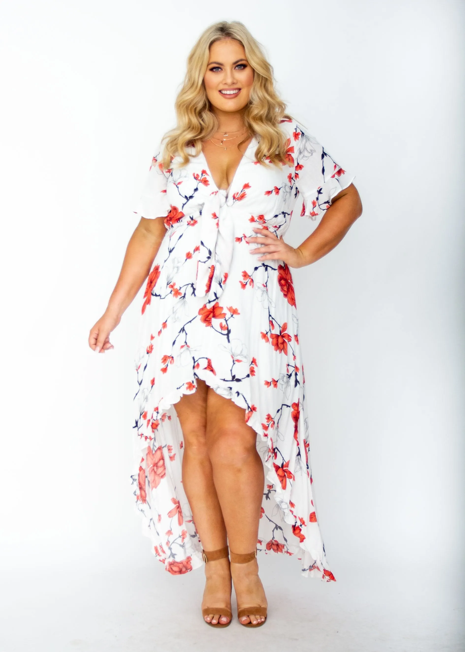 Harmony Tie Hi-Low Midi Dress - White/Red Floral