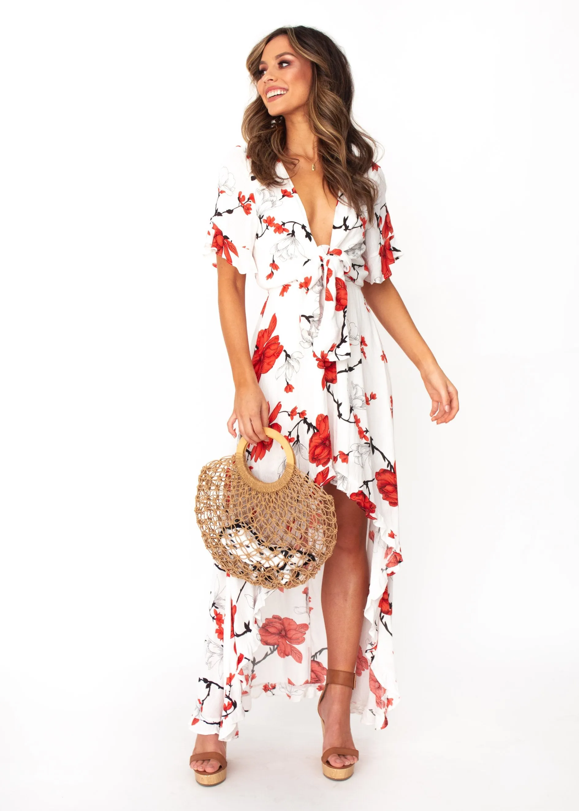 Harmony Tie Hi-Low Midi Dress - White/Red Floral