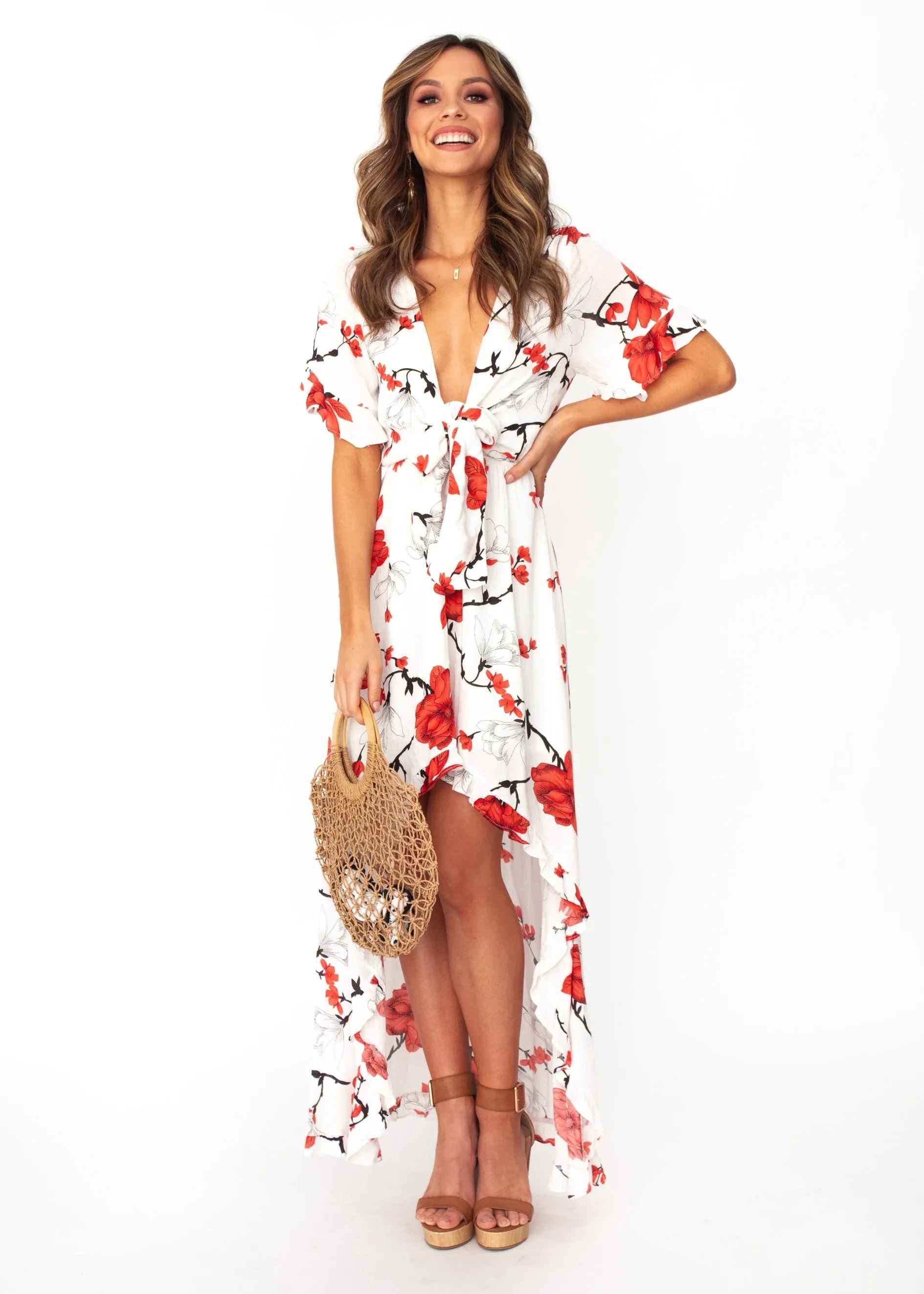 Harmony Tie Hi-Low Midi Dress - White/Red Floral