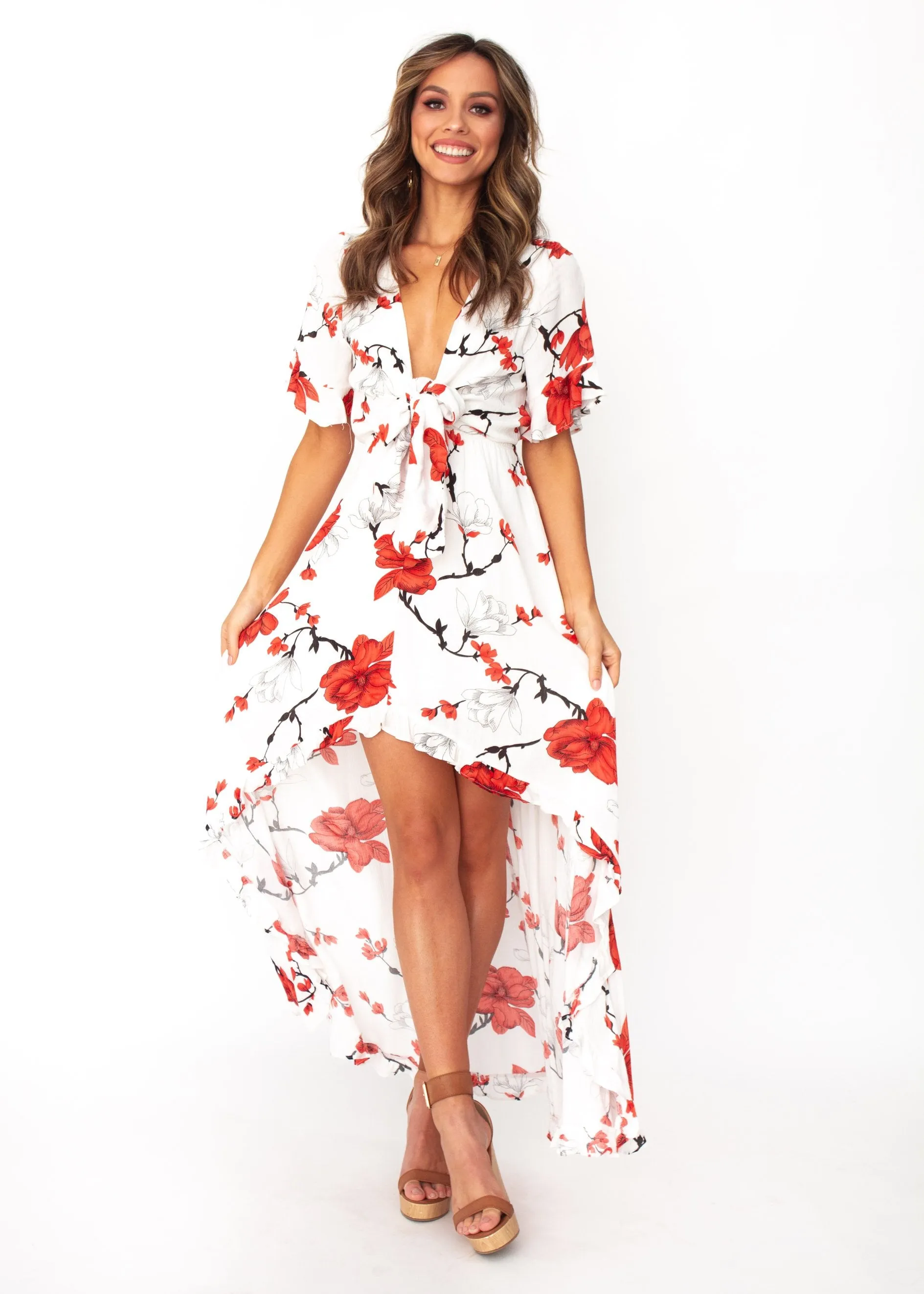 Harmony Tie Hi-Low Midi Dress - White/Red Floral