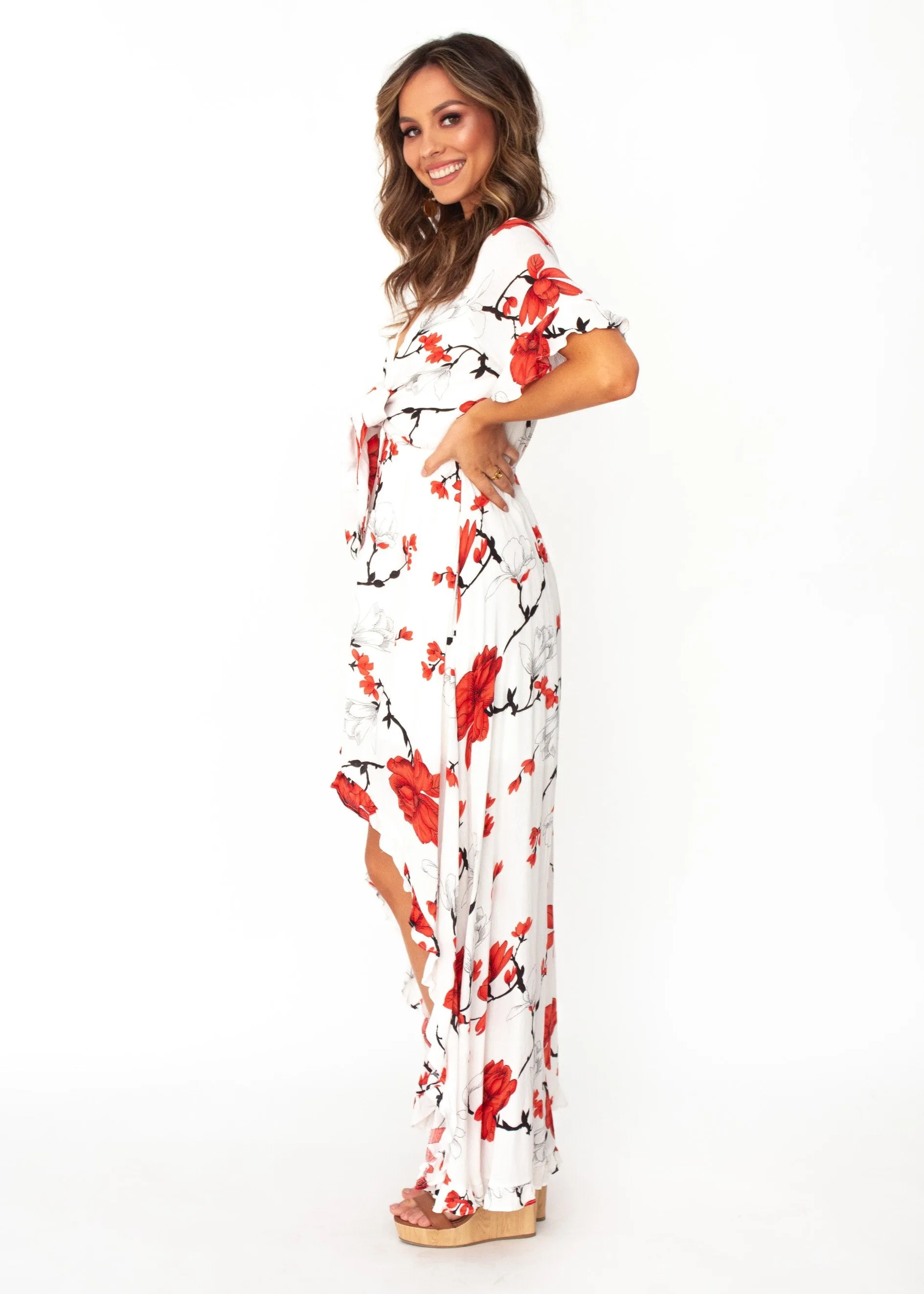 Harmony Tie Hi-Low Midi Dress - White/Red Floral