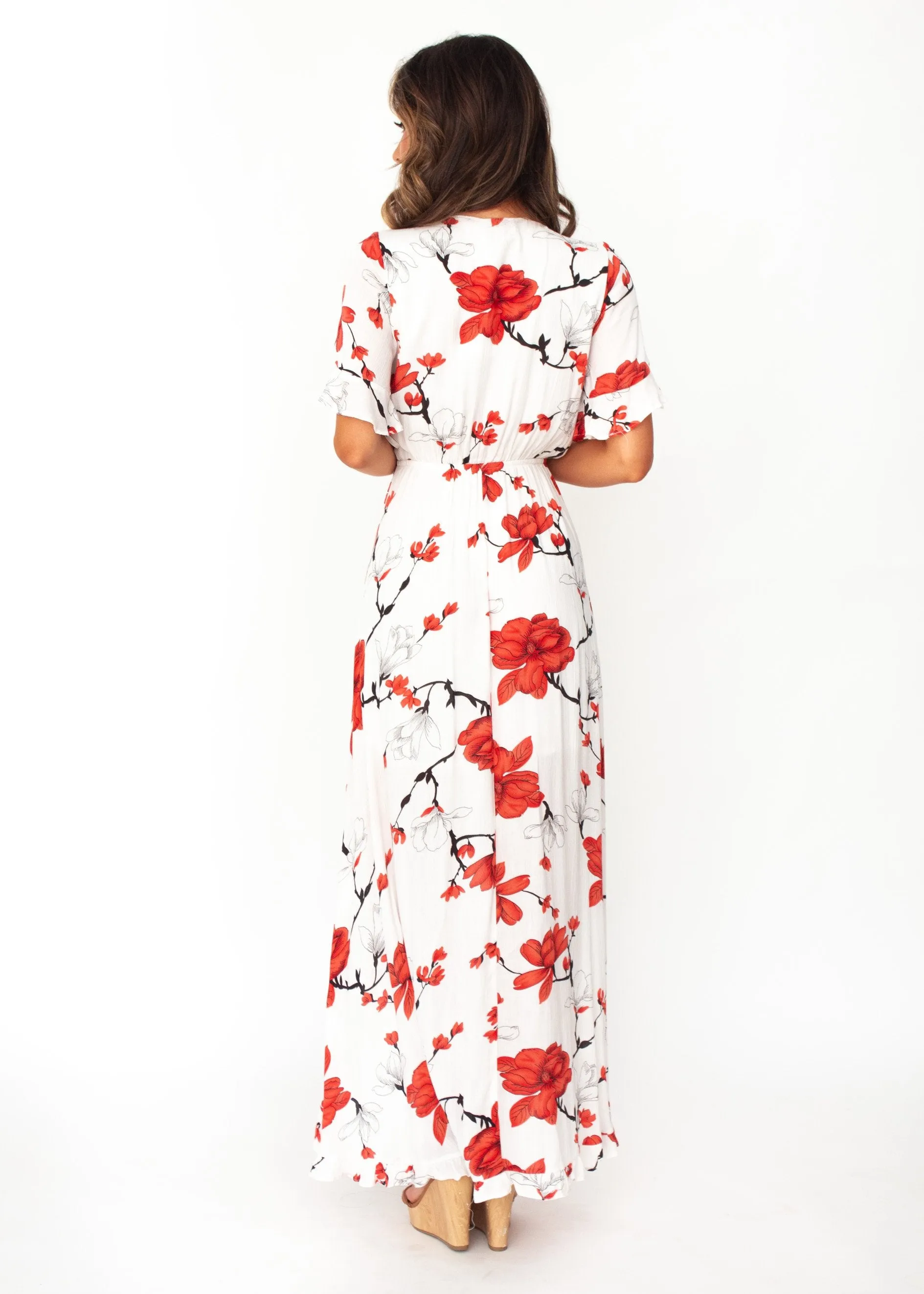 Harmony Tie Hi-Low Midi Dress - White/Red Floral