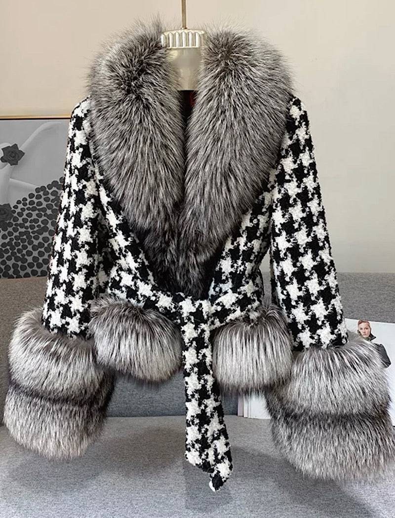 Houndstooth Black Fox Fur Trim Belted Wool Jacket