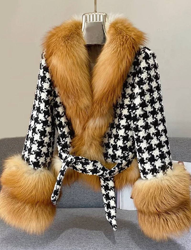 Houndstooth Brown Fox Fur Trim Belted Wool Jacket