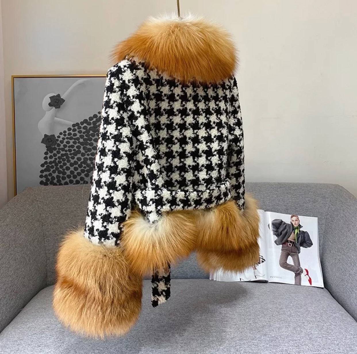 Houndstooth Brown Fox Fur Trim Belted Wool Jacket