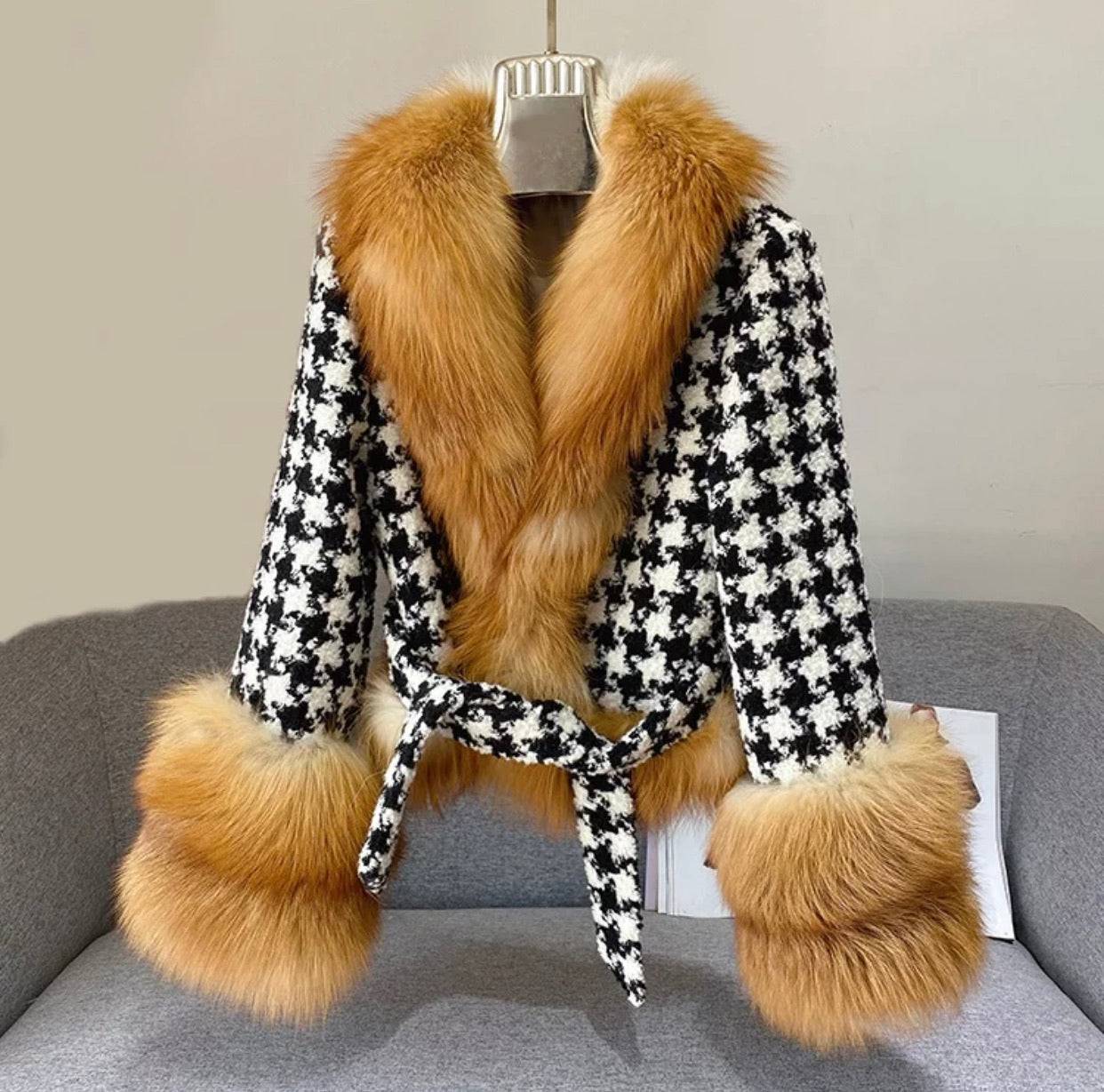 Houndstooth Brown Fox Fur Trim Belted Wool Jacket