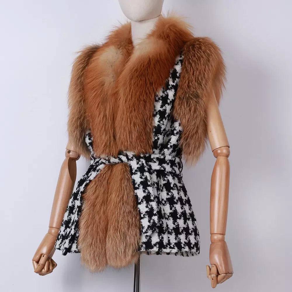 Houndstooth Fox Fur Trim Belted Wool Vest