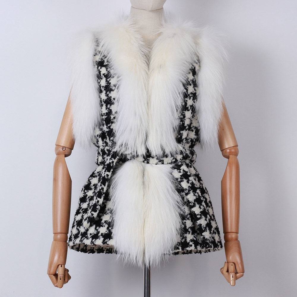 Houndstooth Fox Fur Trim Belted Wool Vest