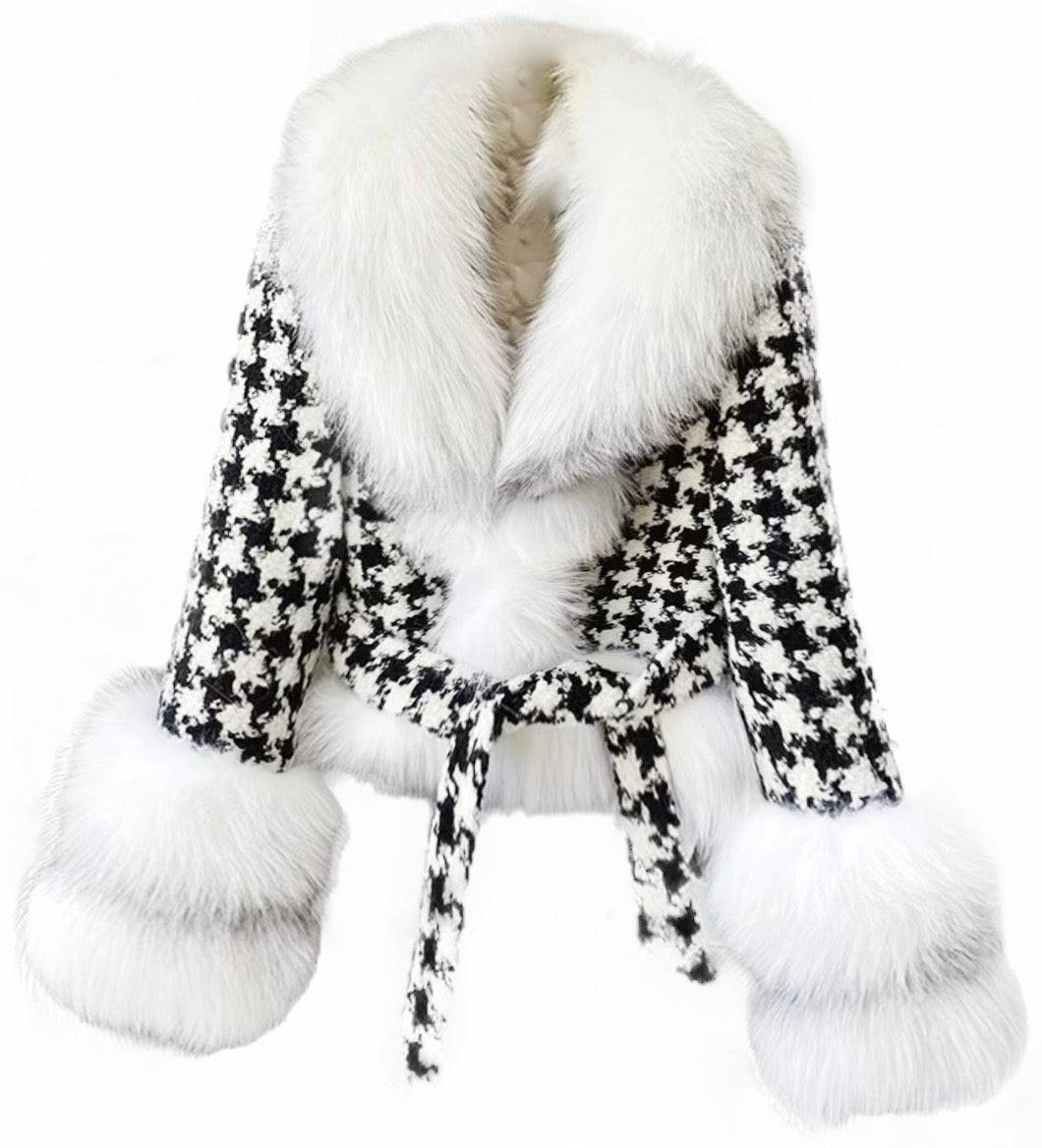 Houndstooth White Fox Fur Trim Belted Wool Jacket