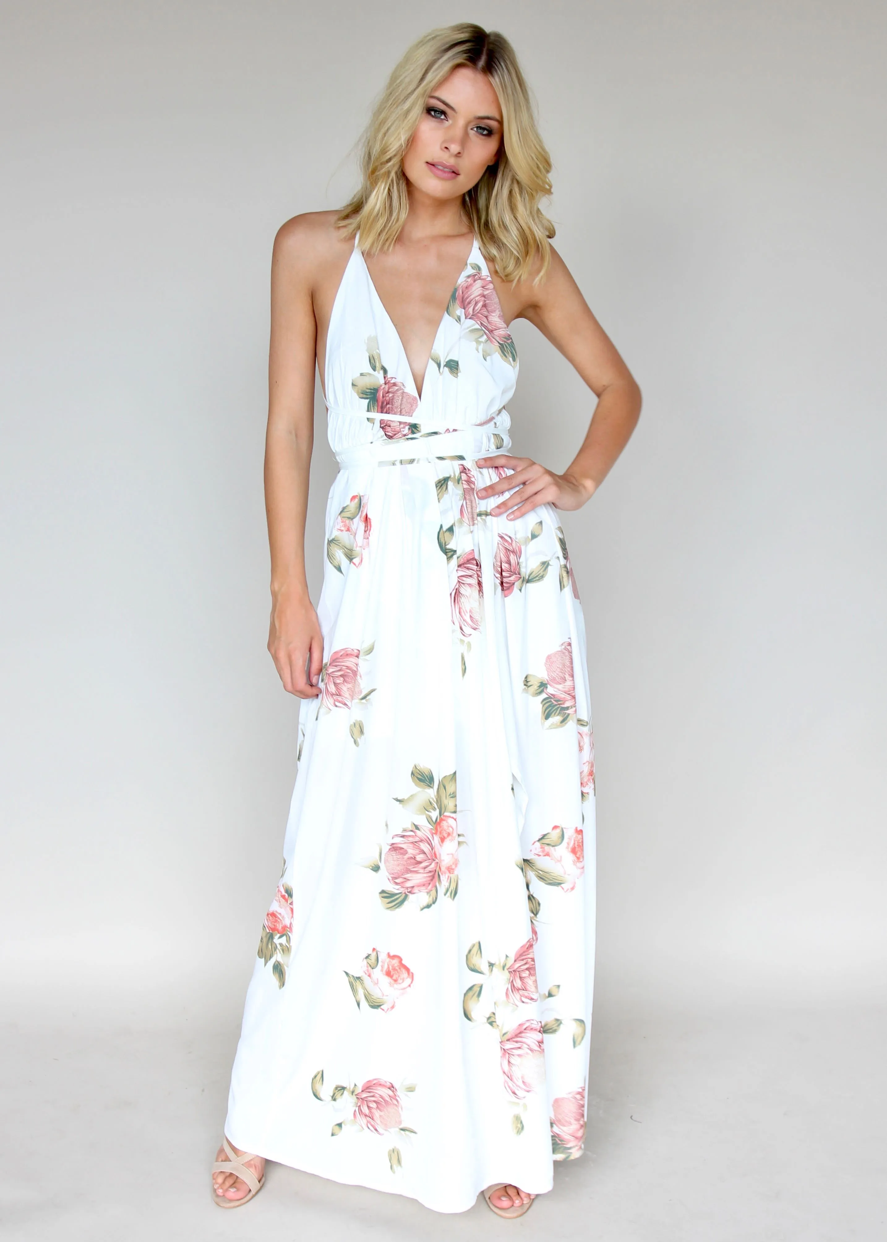 Karmen Halter Maxi Dress - White Botanica