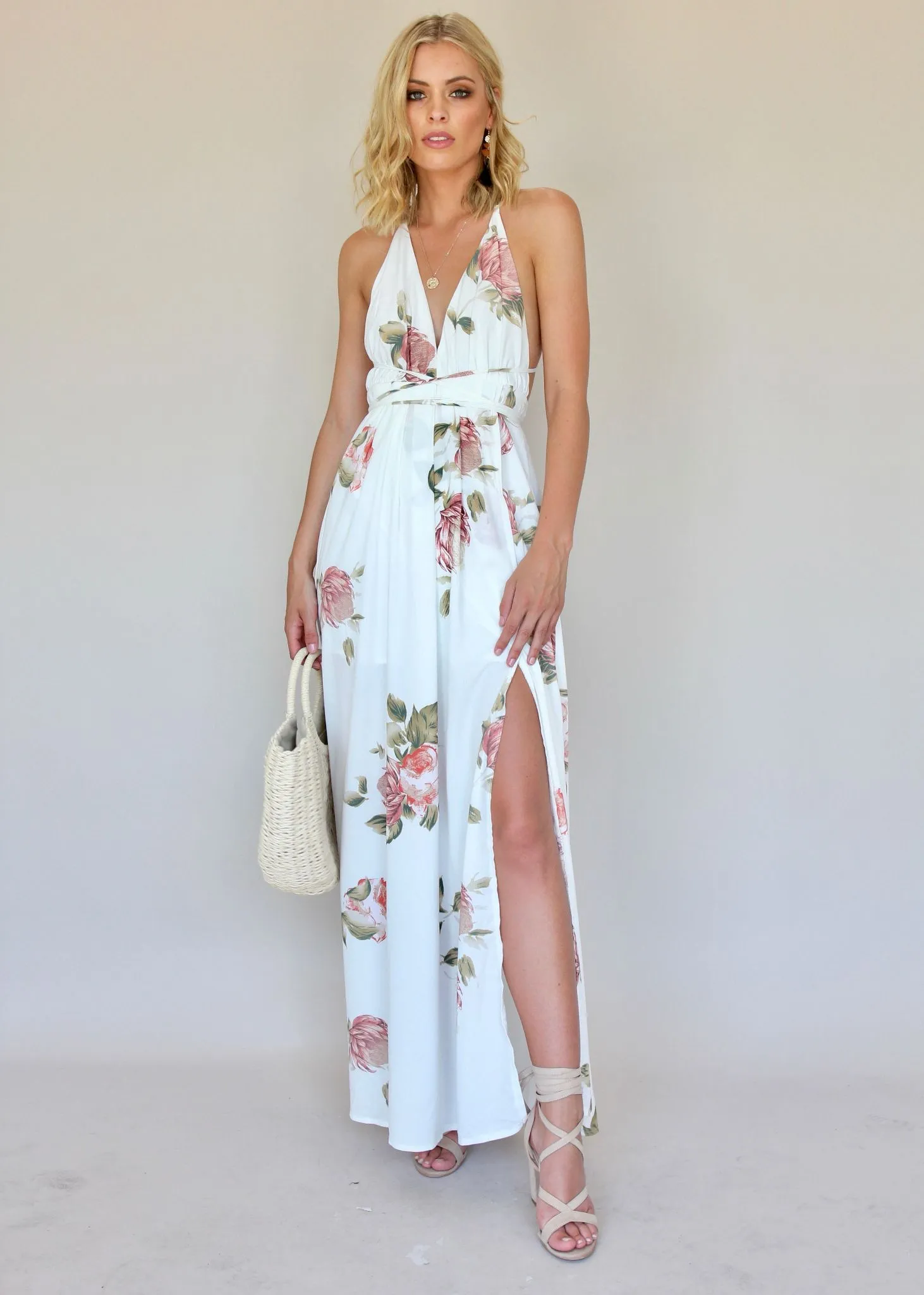 Karmen Halter Maxi Dress - White Botanica