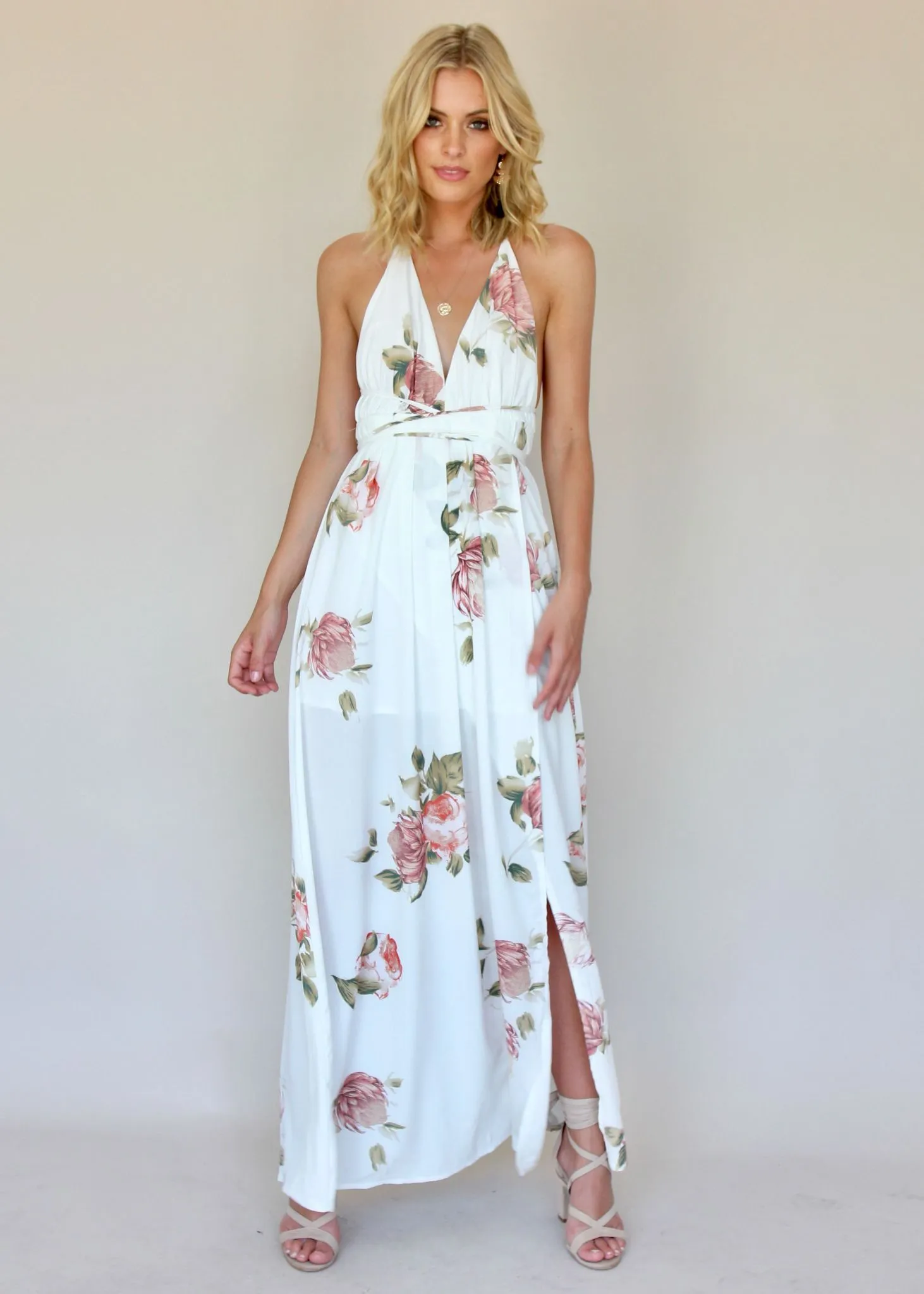 Karmen Halter Maxi Dress - White Botanica