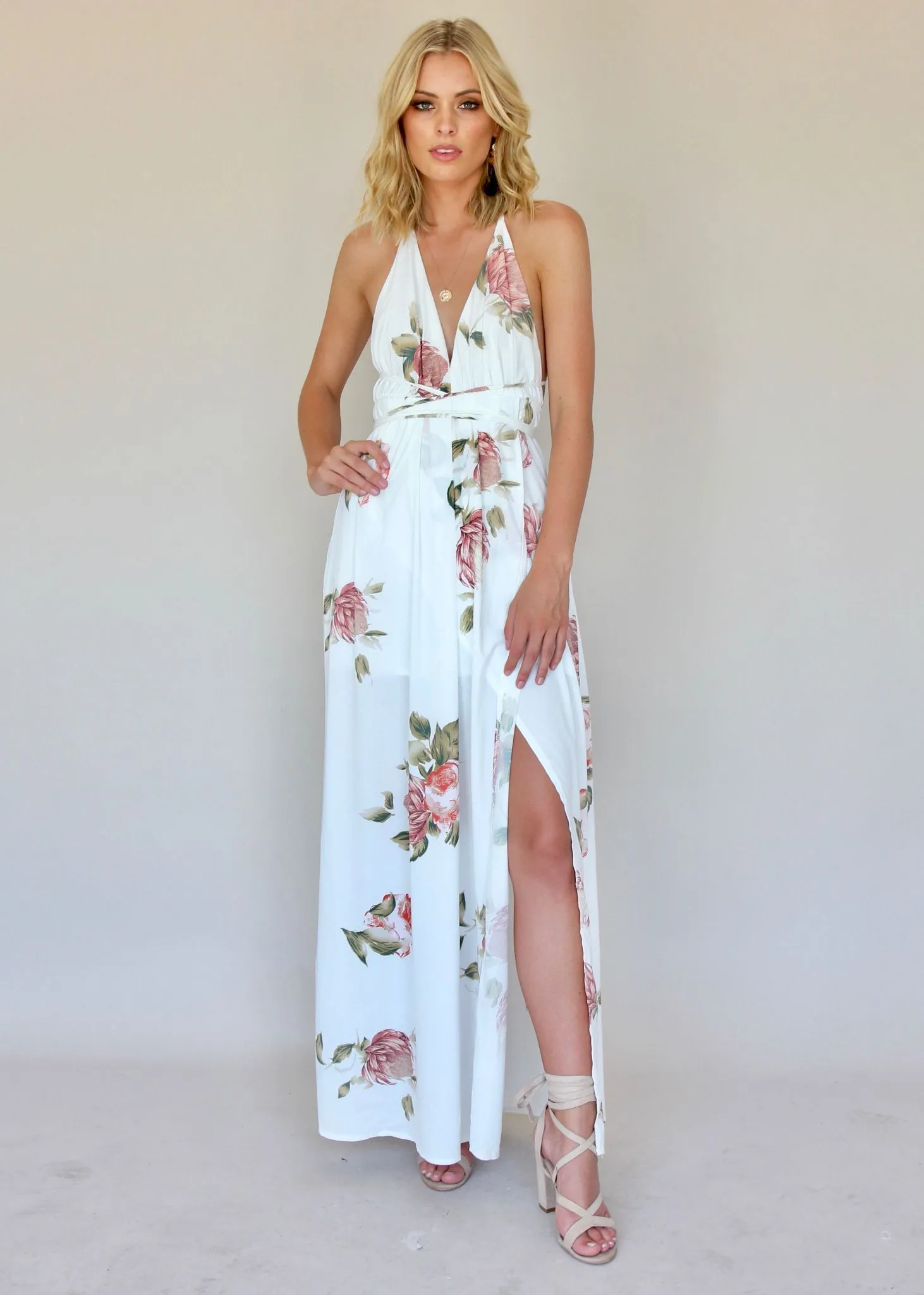 Karmen Halter Maxi Dress - White Botanica