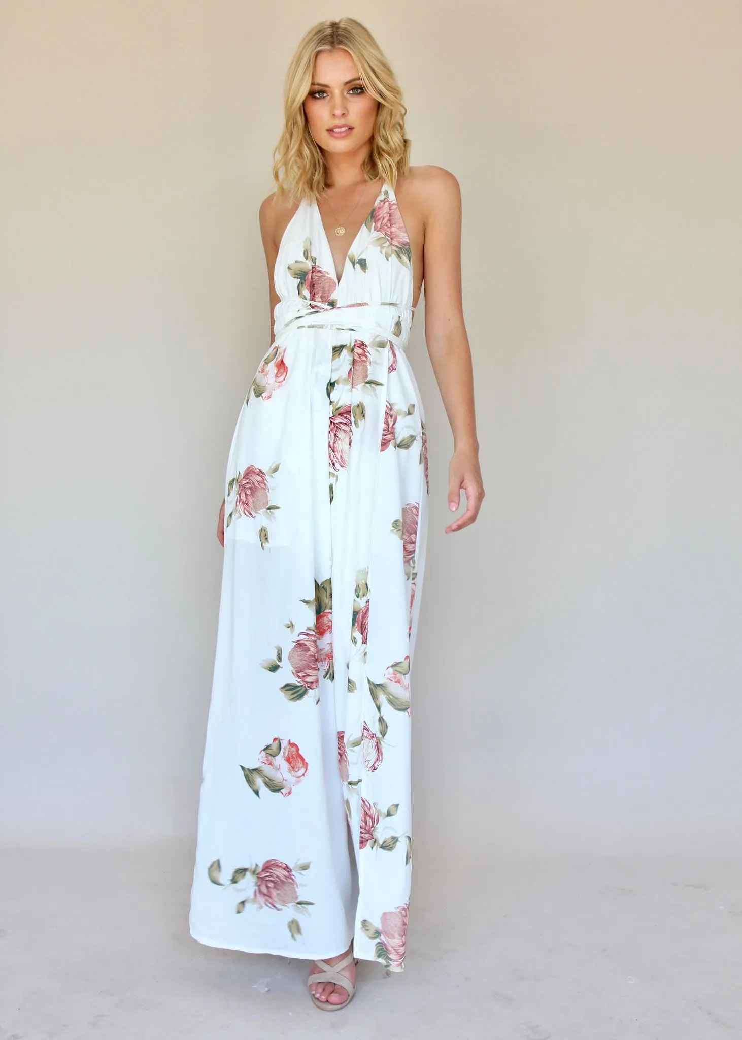 Karmen Halter Maxi Dress - White Botanica