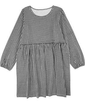 Kids Long Sleeve Printed Knit Dress in Black Gingham | Postie