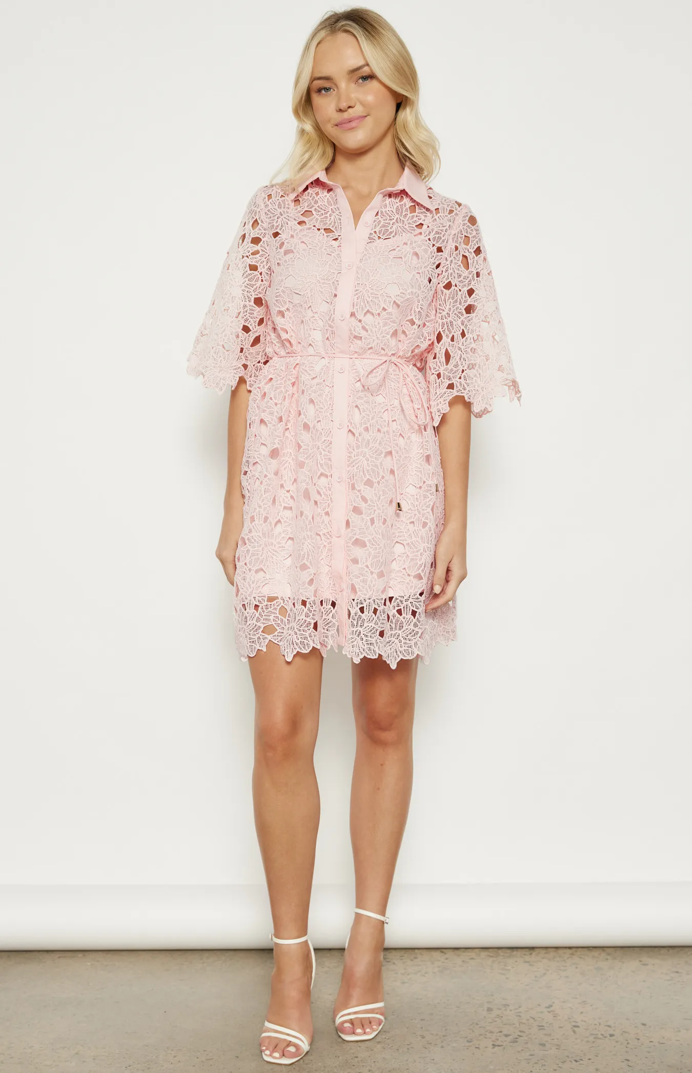 Lace Shirt Dress with Scallop Hem Feature and Belt (WDR682A) 