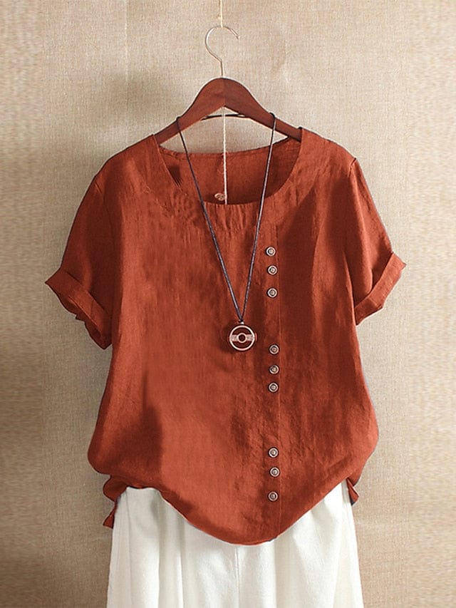 Ladies' Linen Shirt with Patchwork Short Sleeve Casual Style