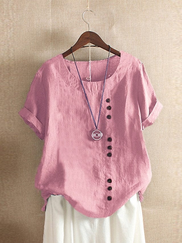 Ladies' Linen Shirt with Patchwork Short Sleeve Casual Style