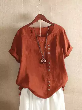 Ladies' Linen Shirt with Patchwork Short Sleeve Casual Style