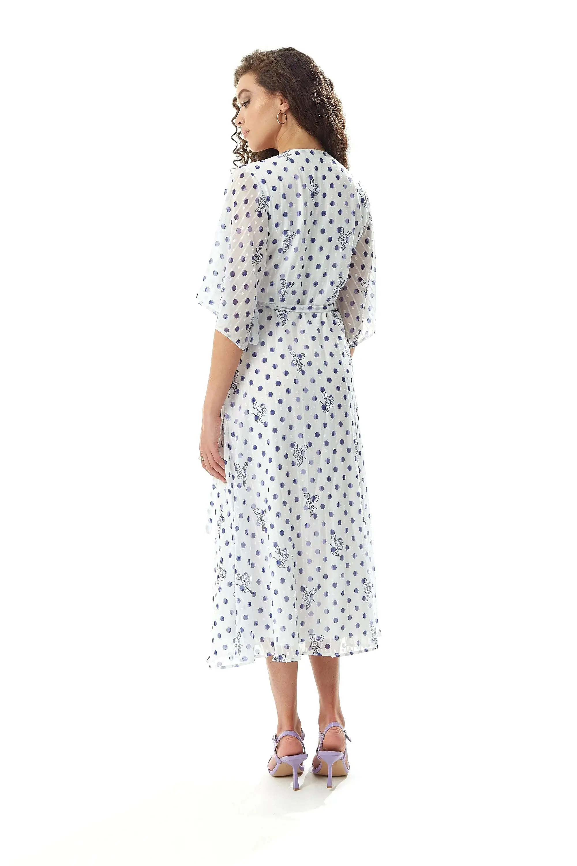 Liquorish Floral Polka Dot Print Midi Wrap Dress White