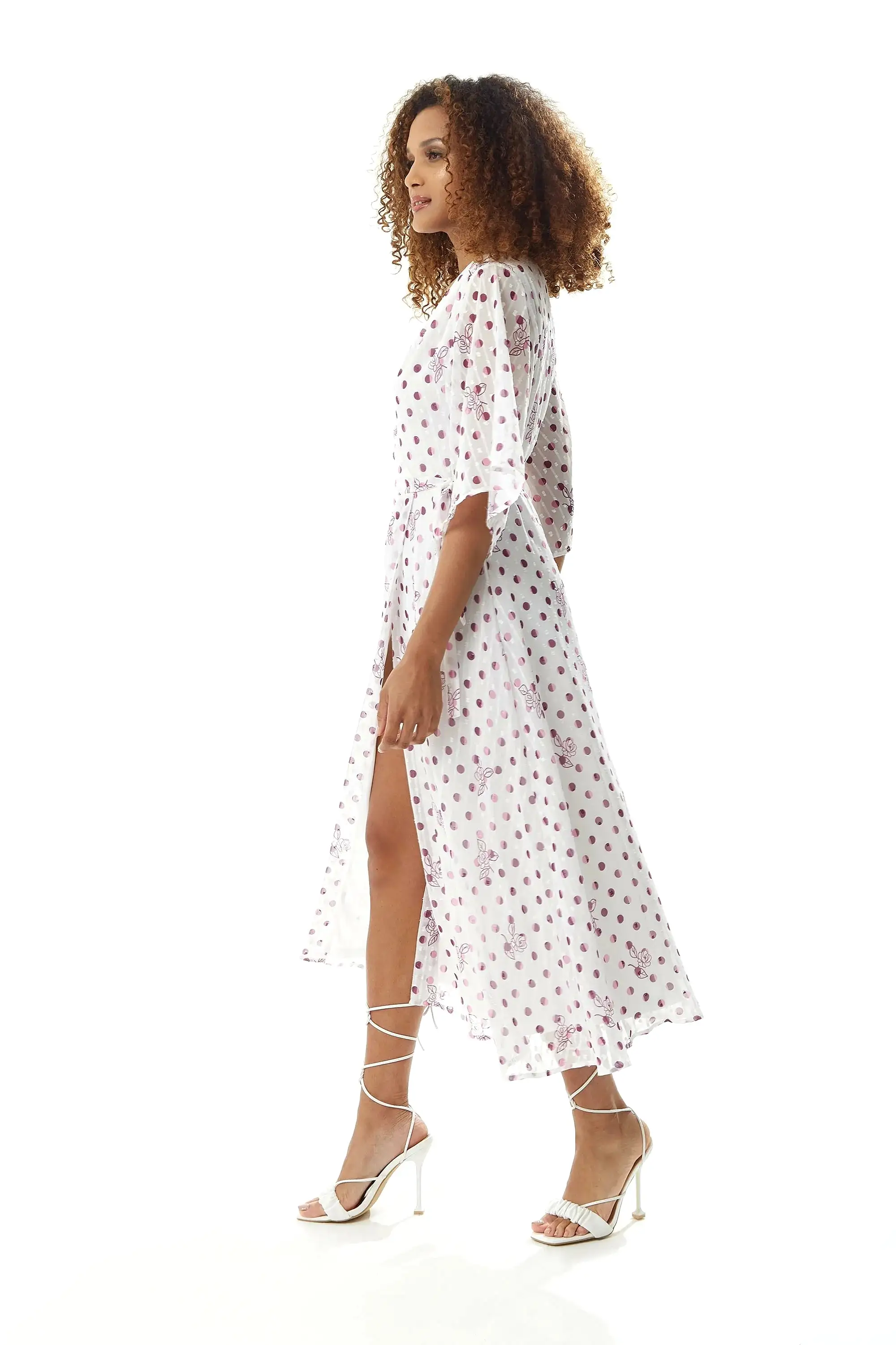 Liquorish Floral Polka Dot Print Midi Wrap Dress White