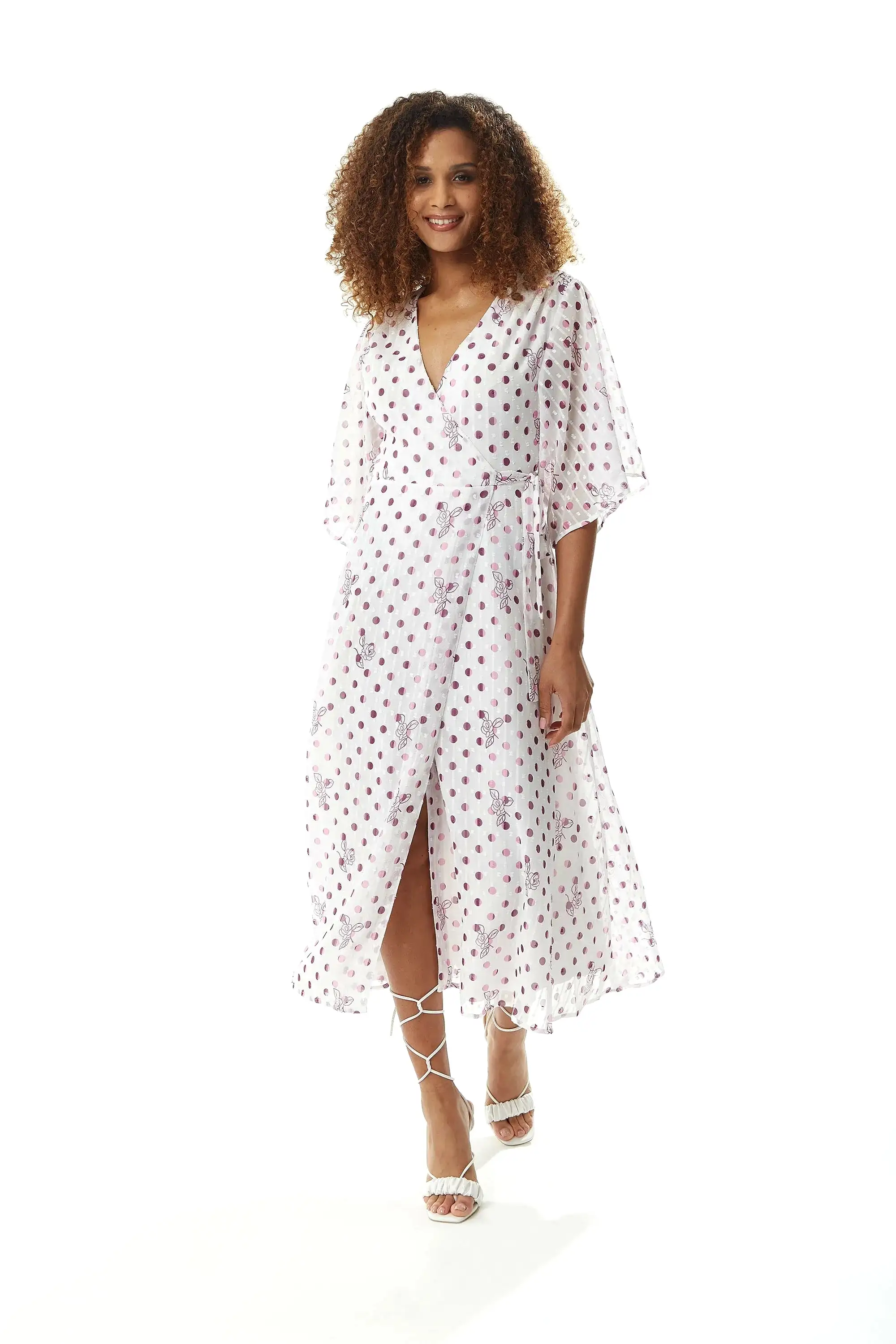 Liquorish Floral Polka Dot Print Midi Wrap Dress White