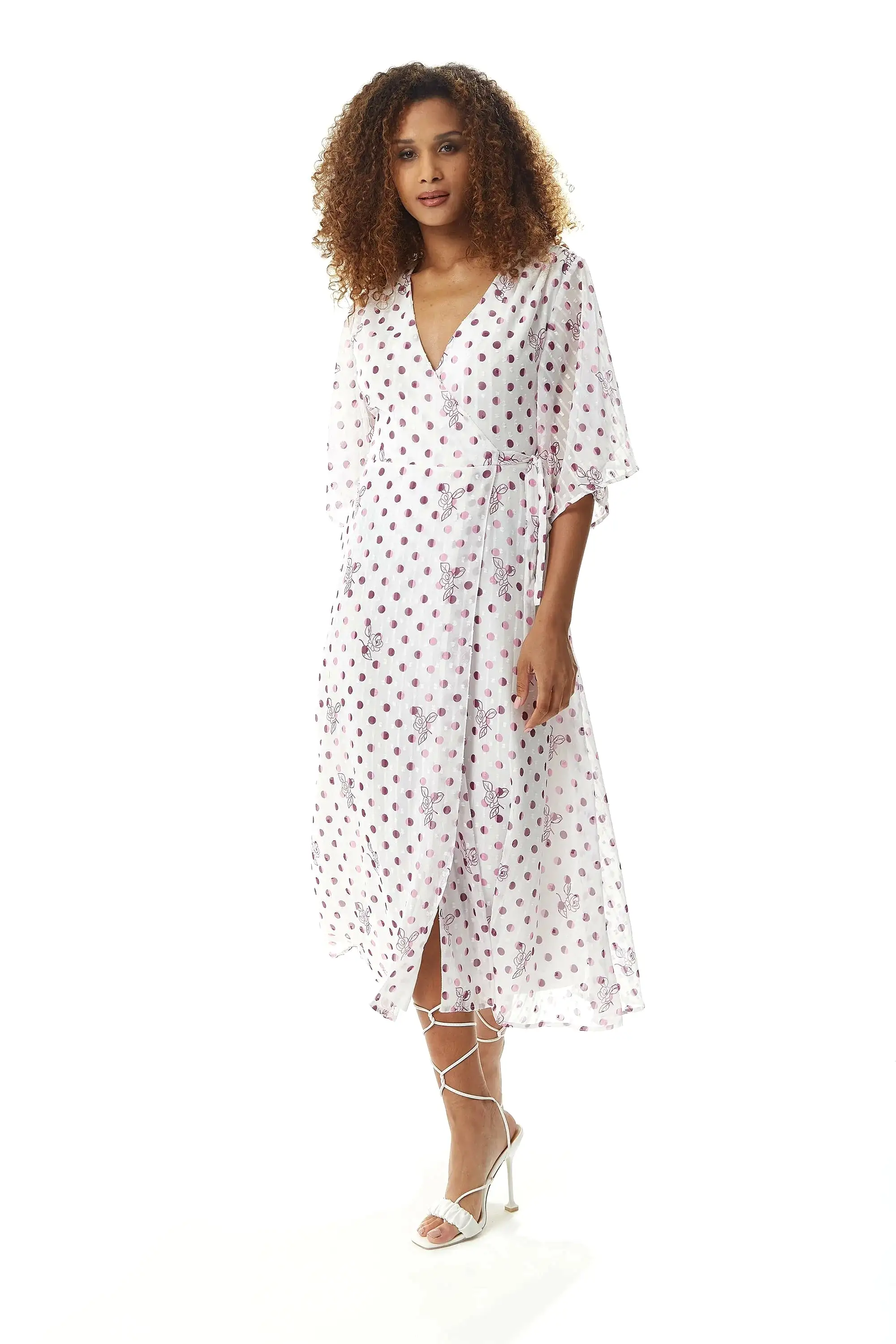 Liquorish Floral Polka Dot Print Midi Wrap Dress White